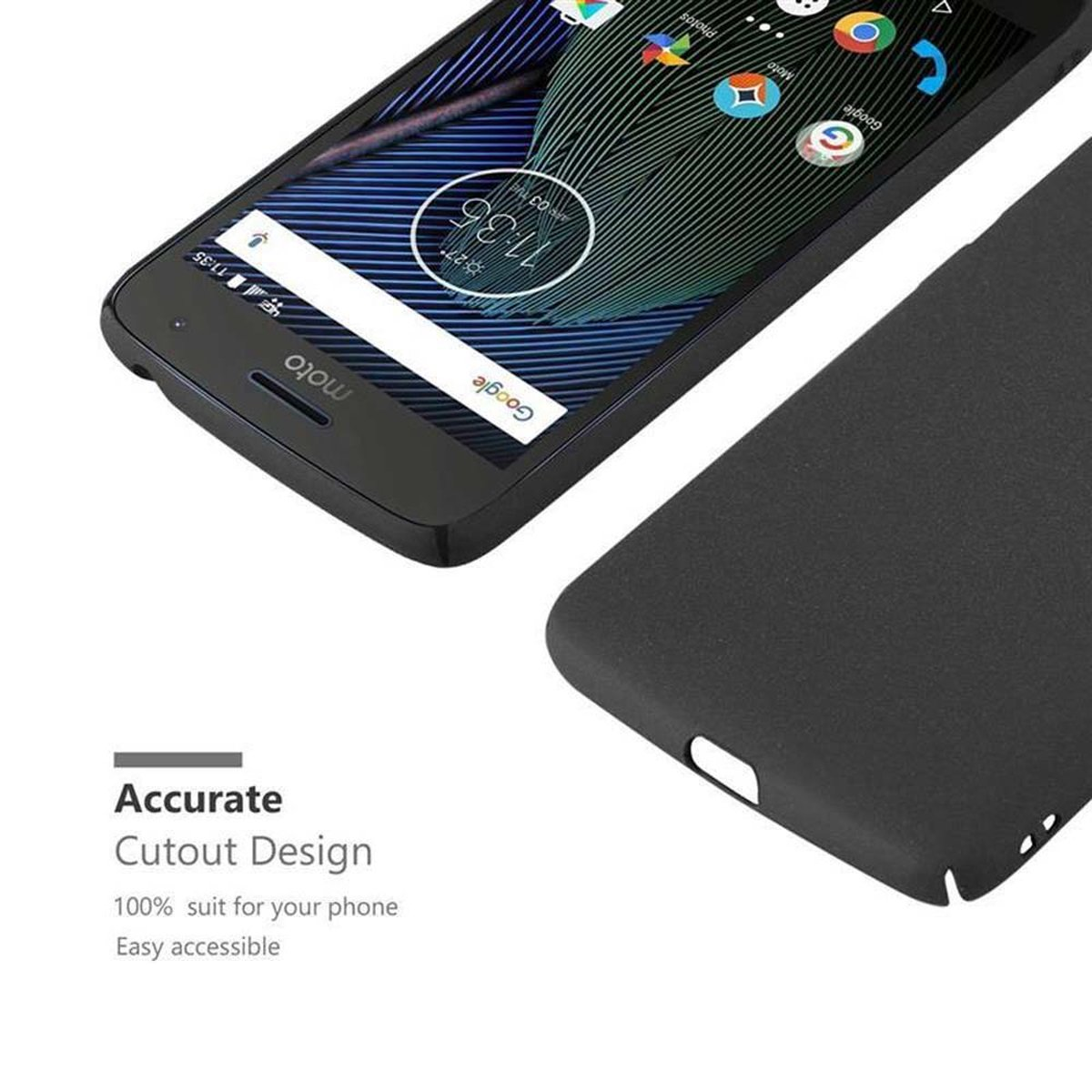 Telefono nero con custodia nera. Schermo con app. Testo visibile.
