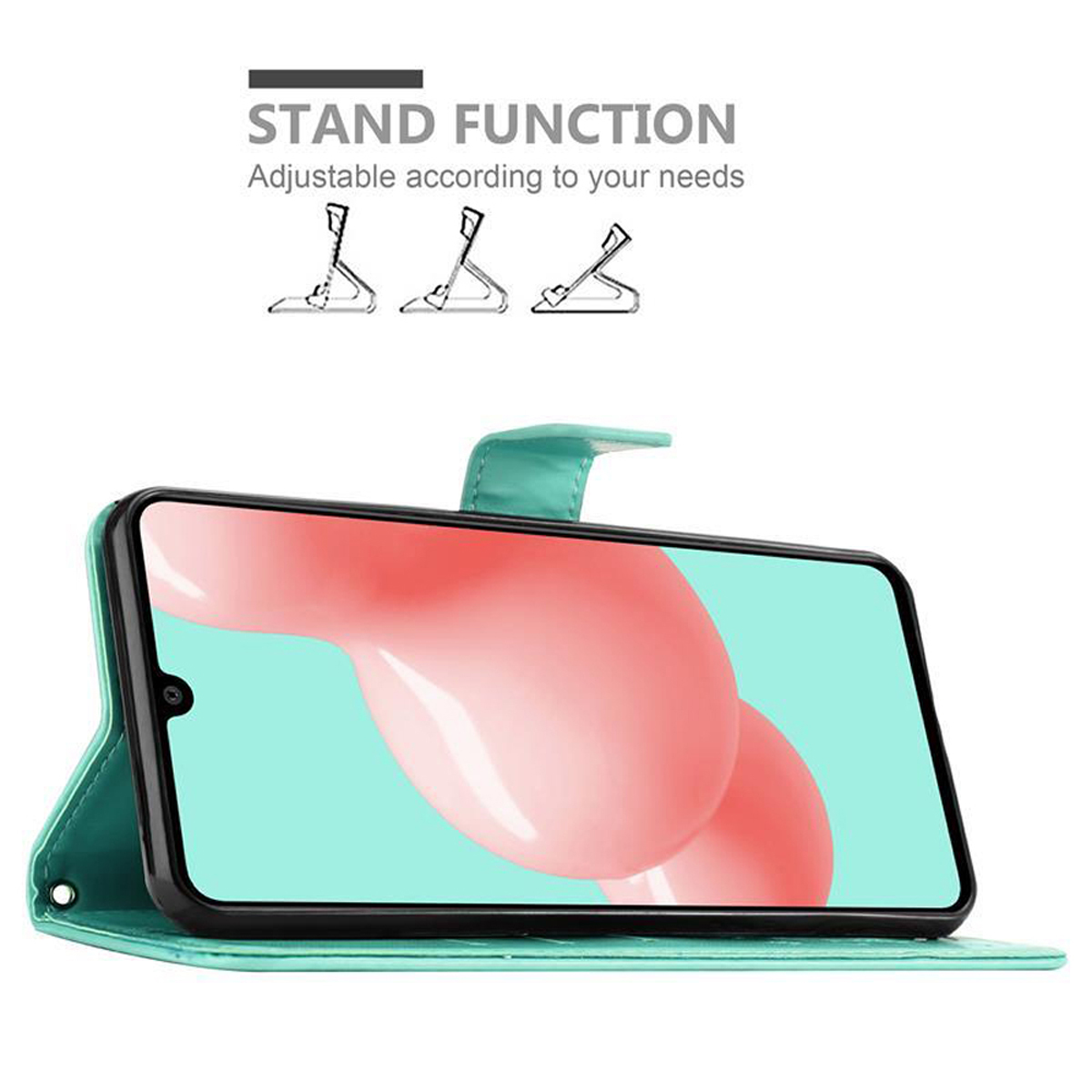 Custodia per telefono verde acqua, telefono con schermo azzurro e rosa, funzione stand. Sfondo bianco.