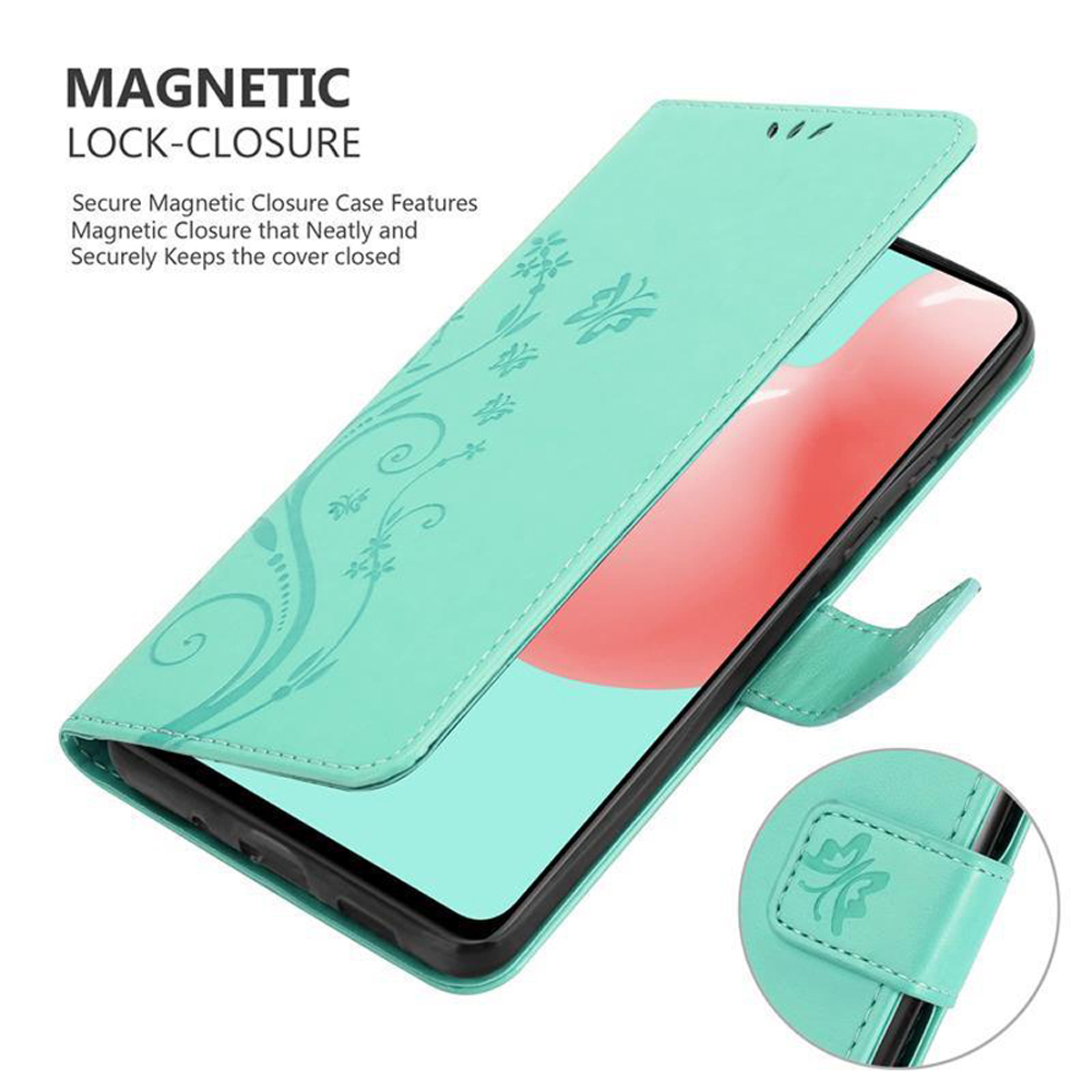 Custodia verde menta con design floreale, aperta. Si vede un telefono all'interno.