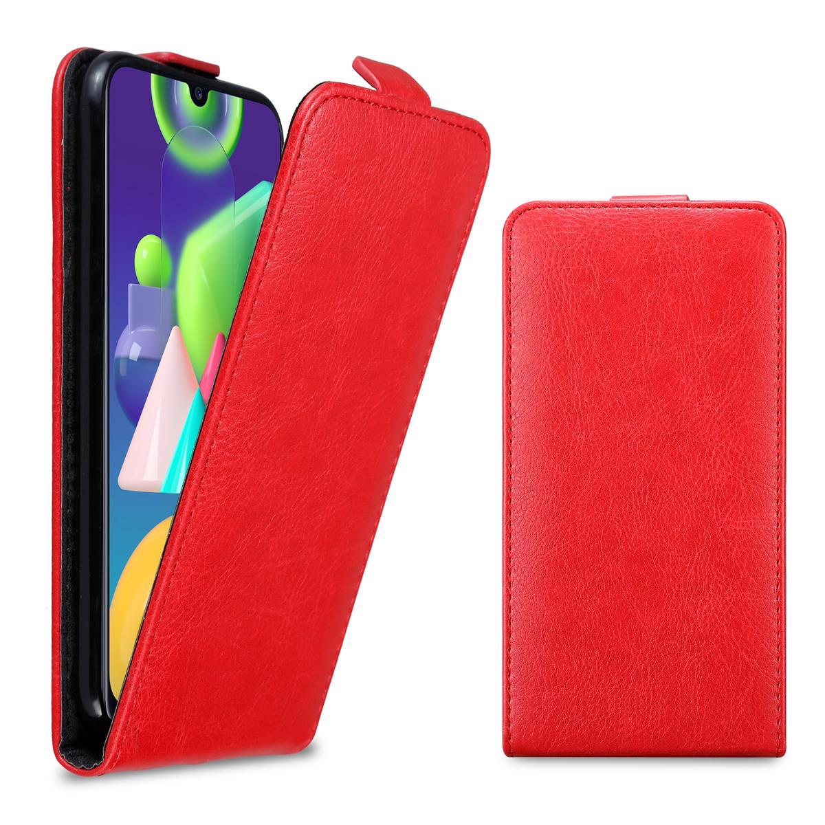 Eine rote Handyhülle. Es ist geöffnet und zeigt das Telefon im Inneren. Text sagt Flip-Stil.