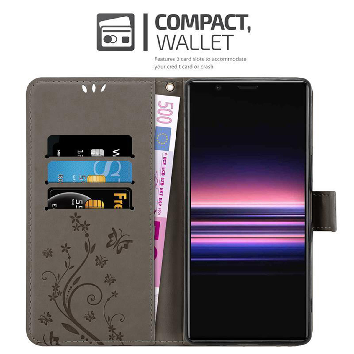 Portafoglio grigio aperto con telefono e carte. Un telefono, tre carte e una banconota da 500 euro sono visibili.