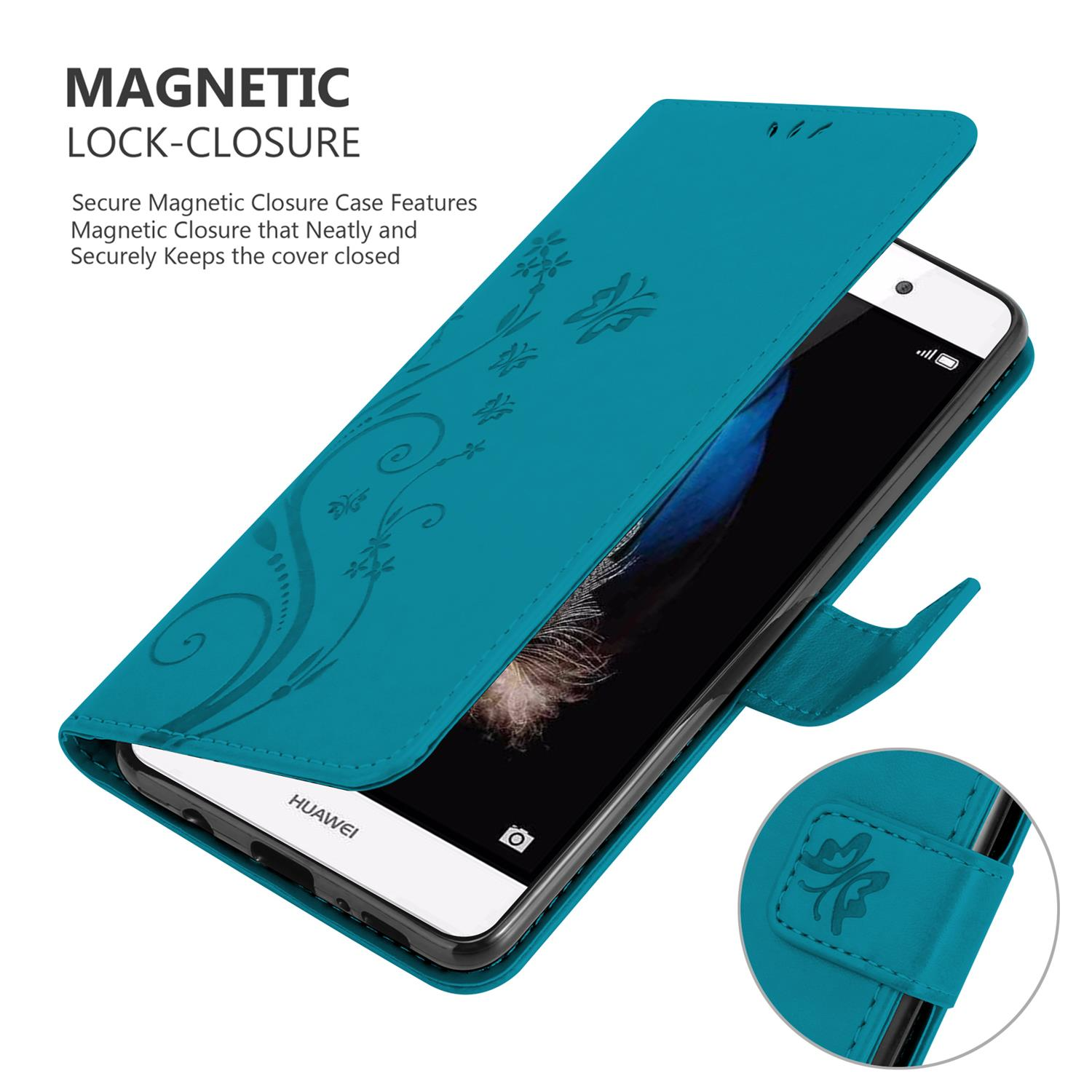 Custodia turchese aperta con telefono dentro. Design floreale. Testo: 'MAGNETIC LOCK-CLOSURE'.