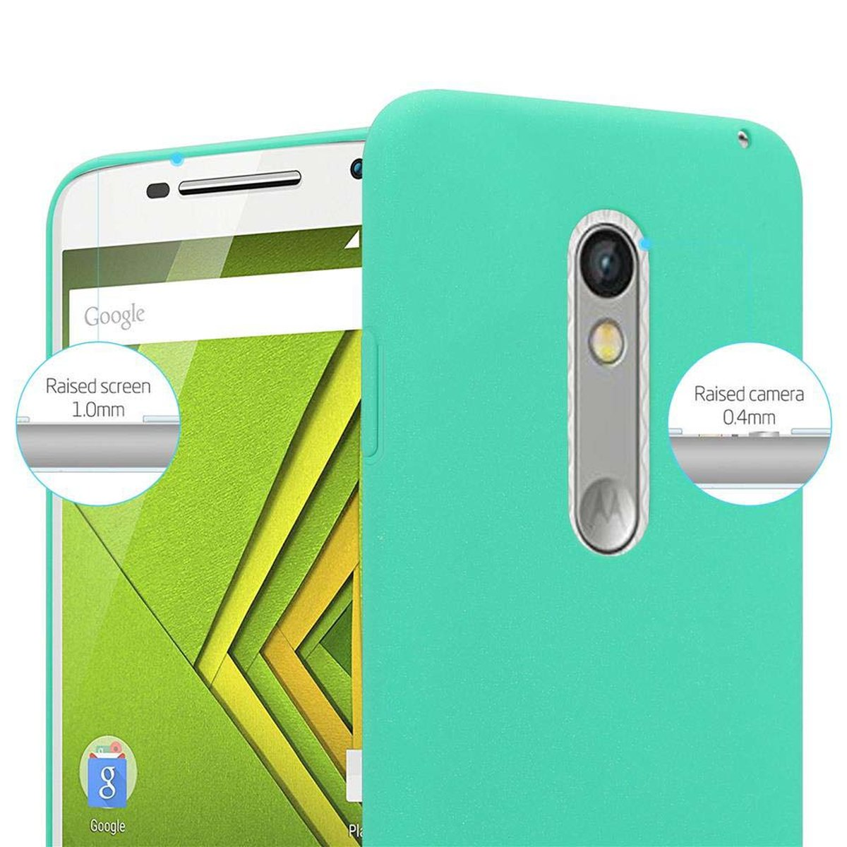 Una custodia verde per telefono e un telefono con sfondo verde. Lo schermo e la fotocamera sono leggermente rialzati.