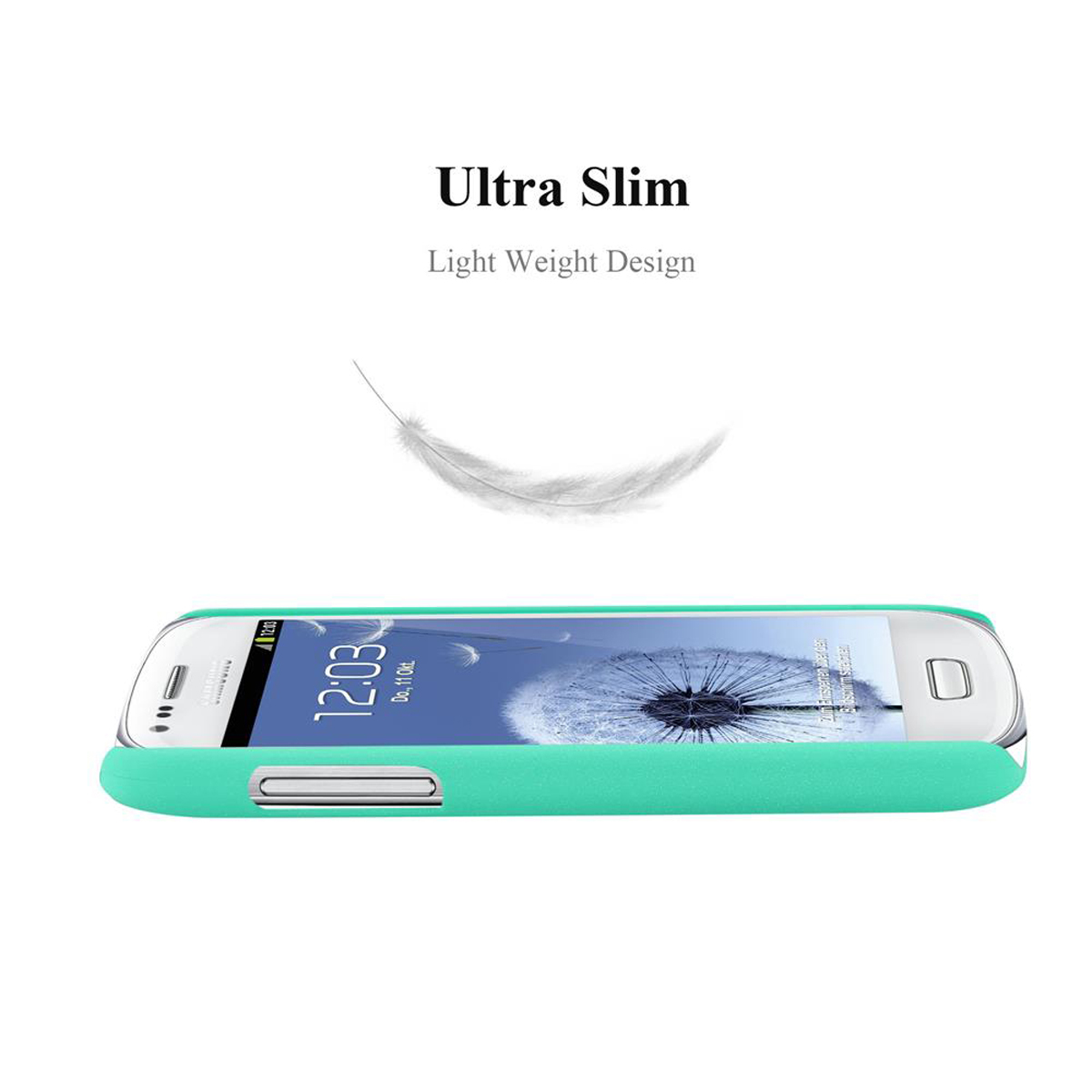 Custodia per telefono verde acqua con telefono all'interno, design ultrasottile con un'illustrazione di piuma.