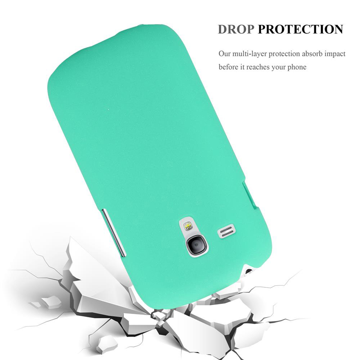 Custodia per telefono verde acqua, con telefono all'interno, che cade. Sfondo bianco con superficie incrinata.
