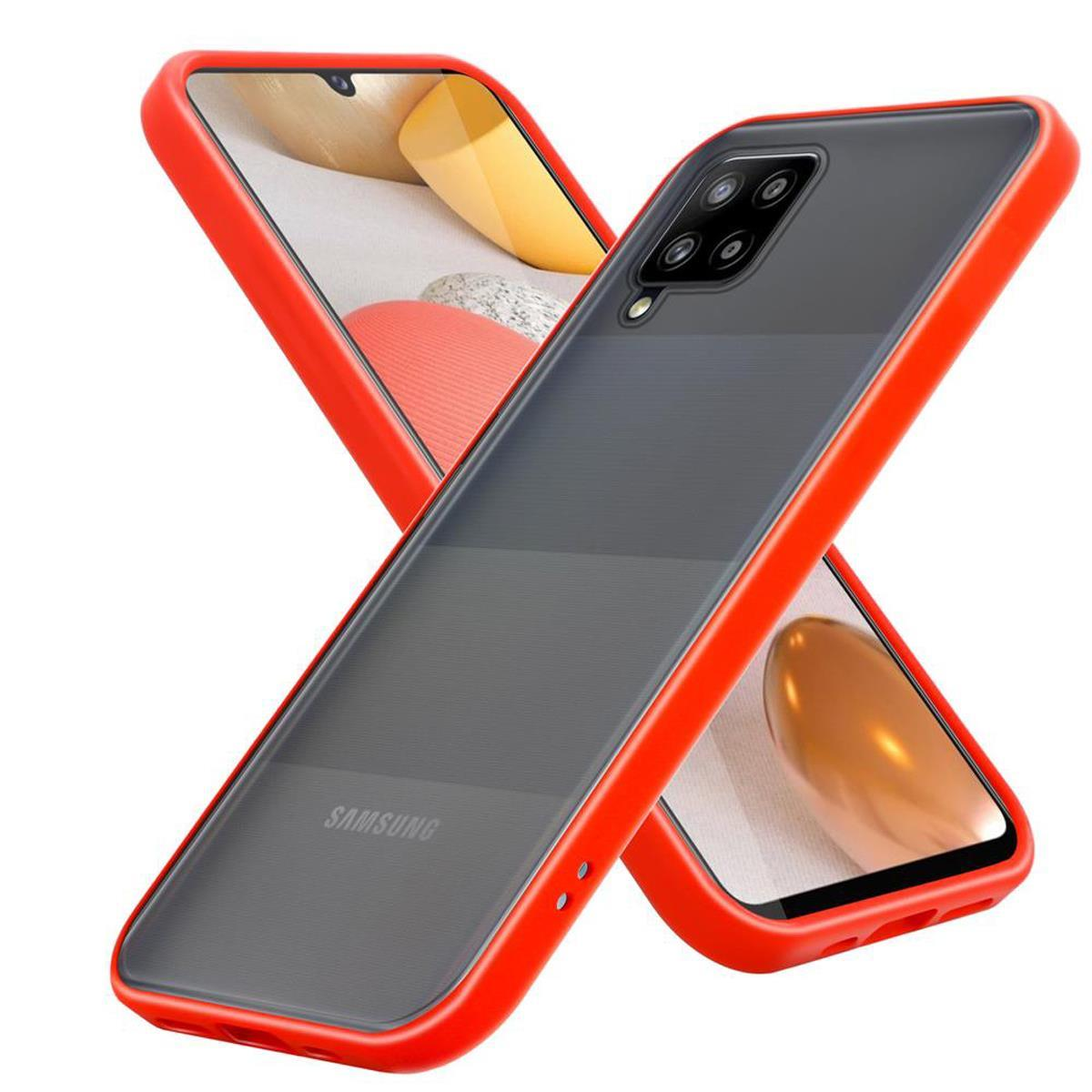 Custodia rossa per telefono con retro trasparente e cornice rossa. Il telefono è all'interno della custodia.