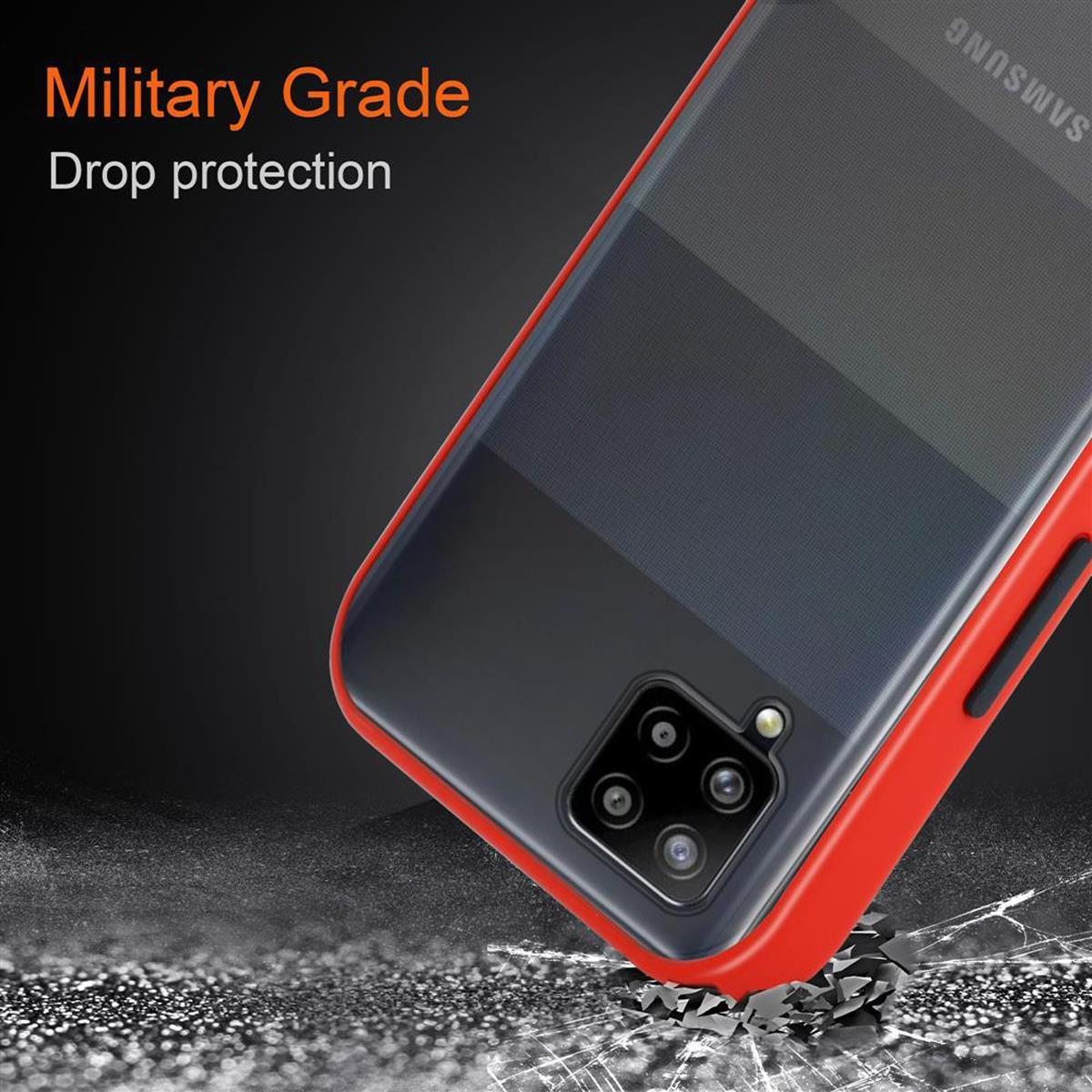 CADORABO Hülle Hybrid Schutzhülle mit Schwarze Rot Samsung, / - Matt 5G 5G, Galaxy Rückseite, TPU M42 Innenseite Tasten Backcover, Kunststoff matter und A42 Silikon
