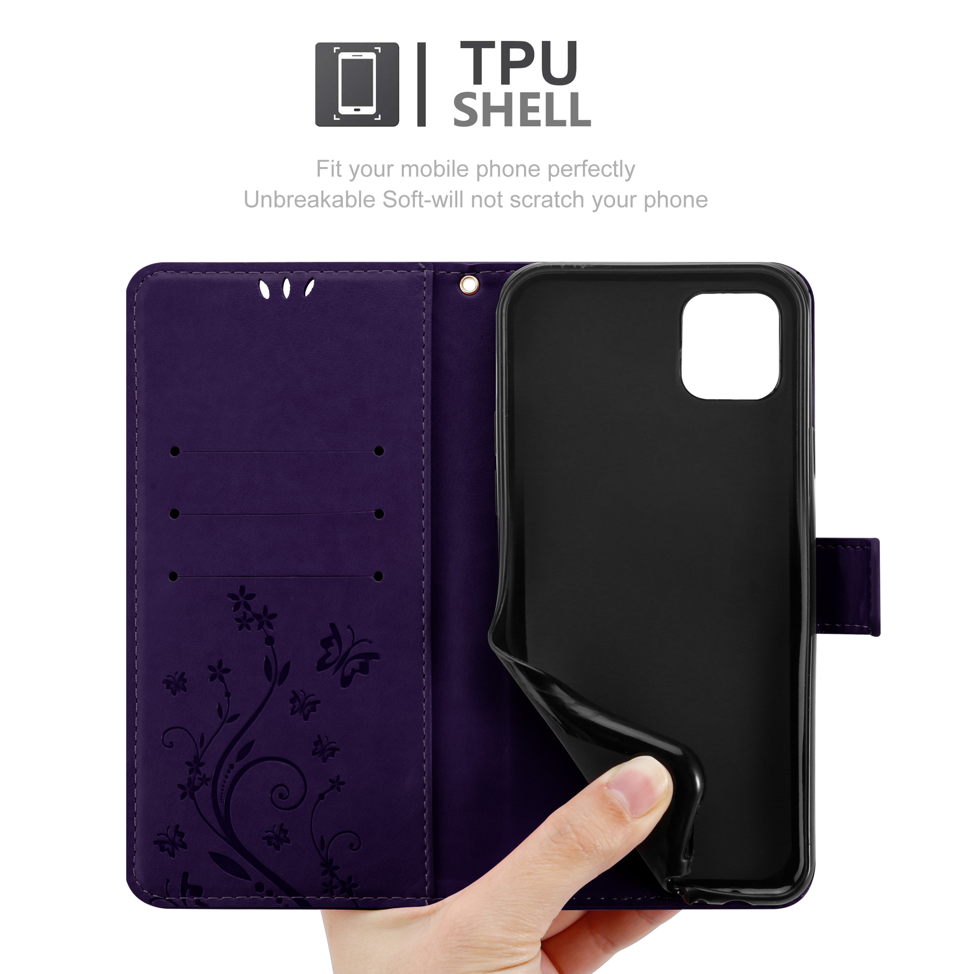 Lila Handyhülle offen, Telefon zeigend, und Hand, die Hülle hält, mit floralem Design.