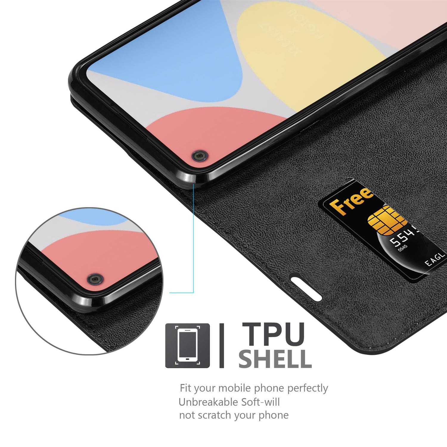 Ein Telefon befindet sich in einer schwarzen Brieftasche. Das TPU-Shell-Etikett und eine Karte sind sichtbar.