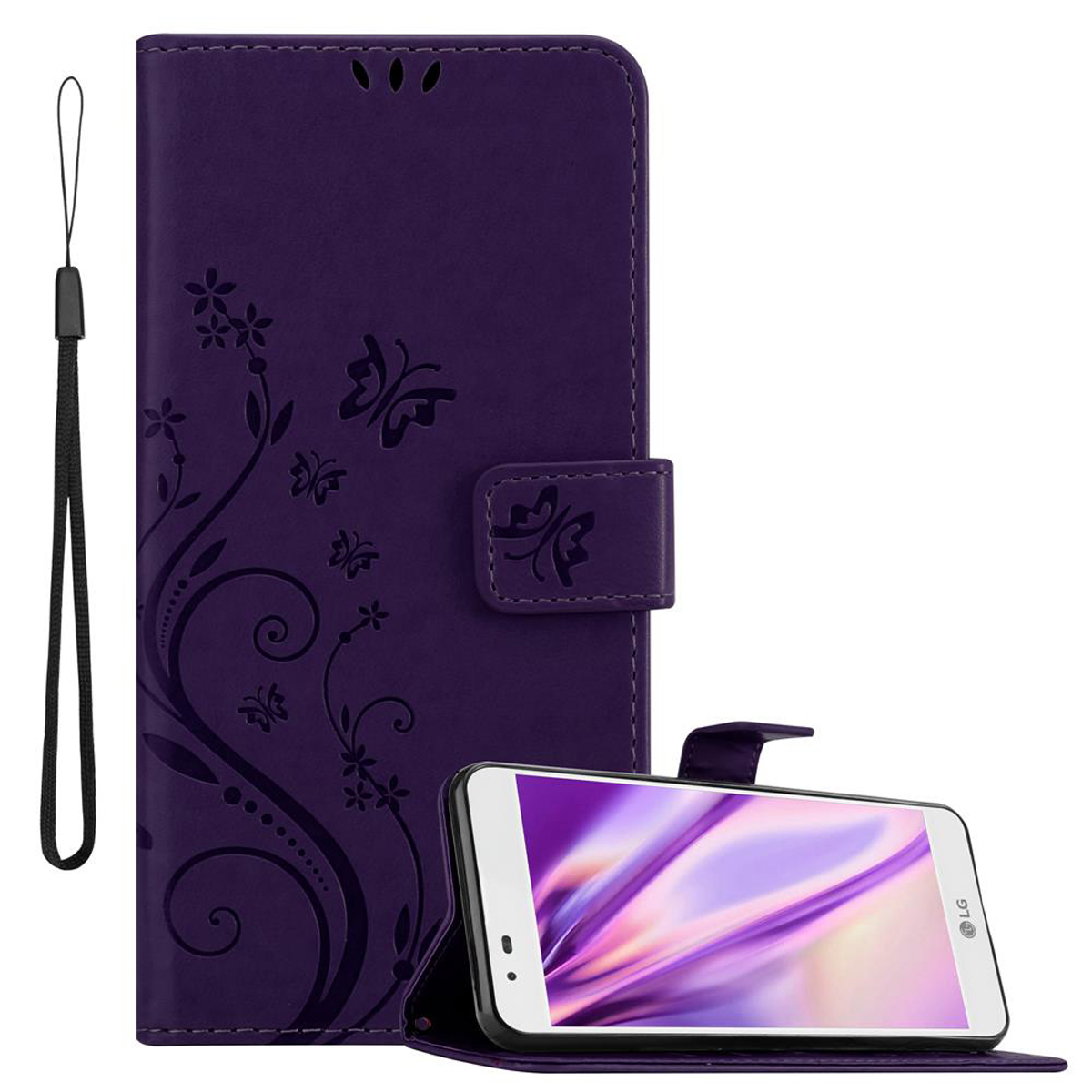 Funda morada para teléfono con estampado floral y mariposa, con teléfono y correa.