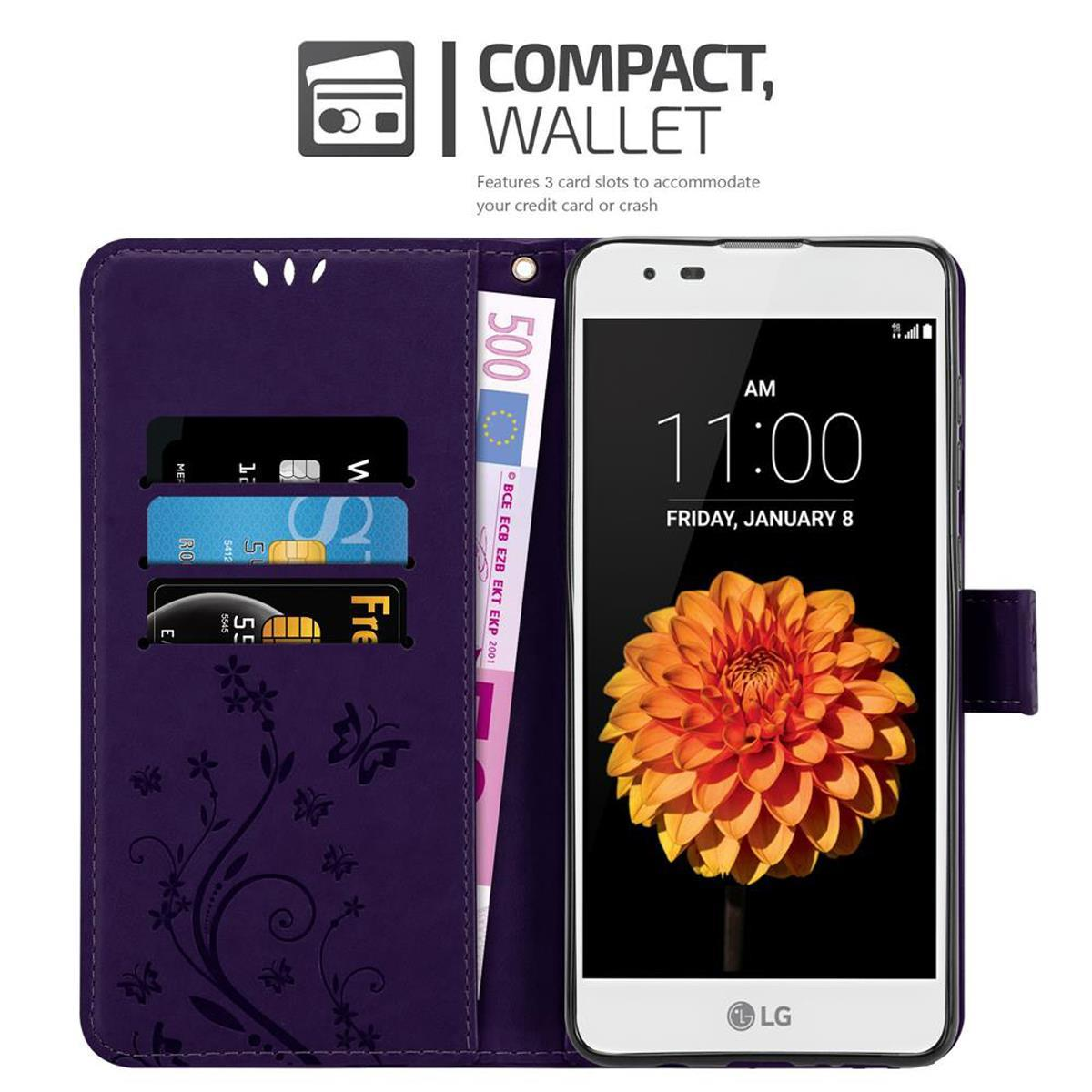 Una funda de teléfono morada está abierta, mostrando un teléfono, tarjetas de crédito y dinero. Texto: 'Compacto, Cartera'.