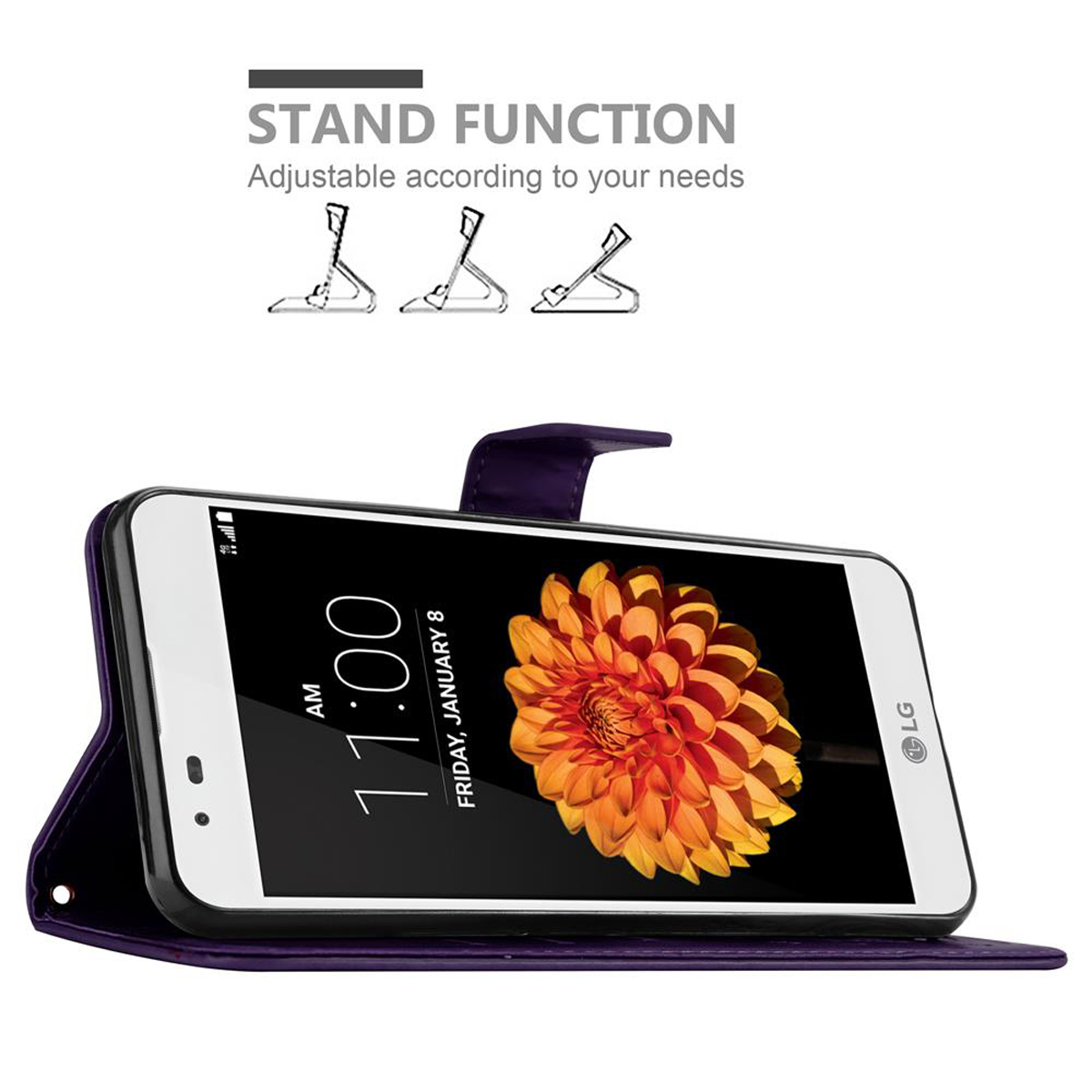 Teléfono en funda de billetera morada, flor en pantalla, función de soporte. Fondo blanco.