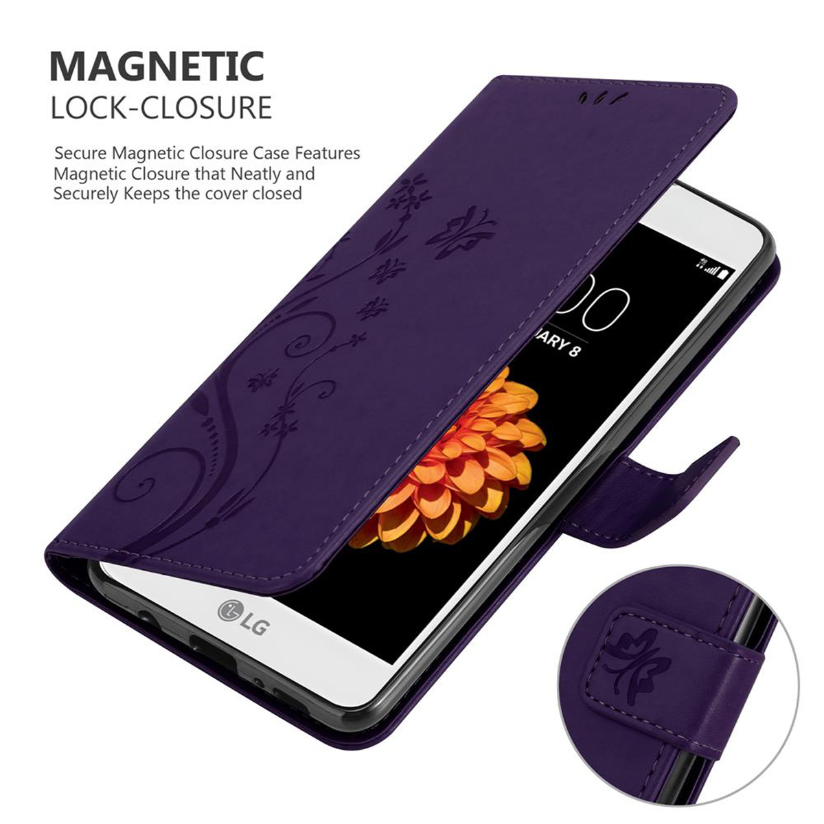 Funda púrpura abierta, teléfono dentro. Diseño floral en la cubierta. Fondo blanco.