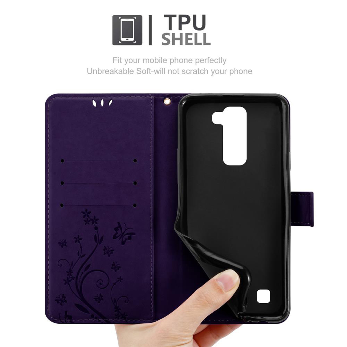 Funda morada con un teléfono que se coloca dentro. La funda está abierta.