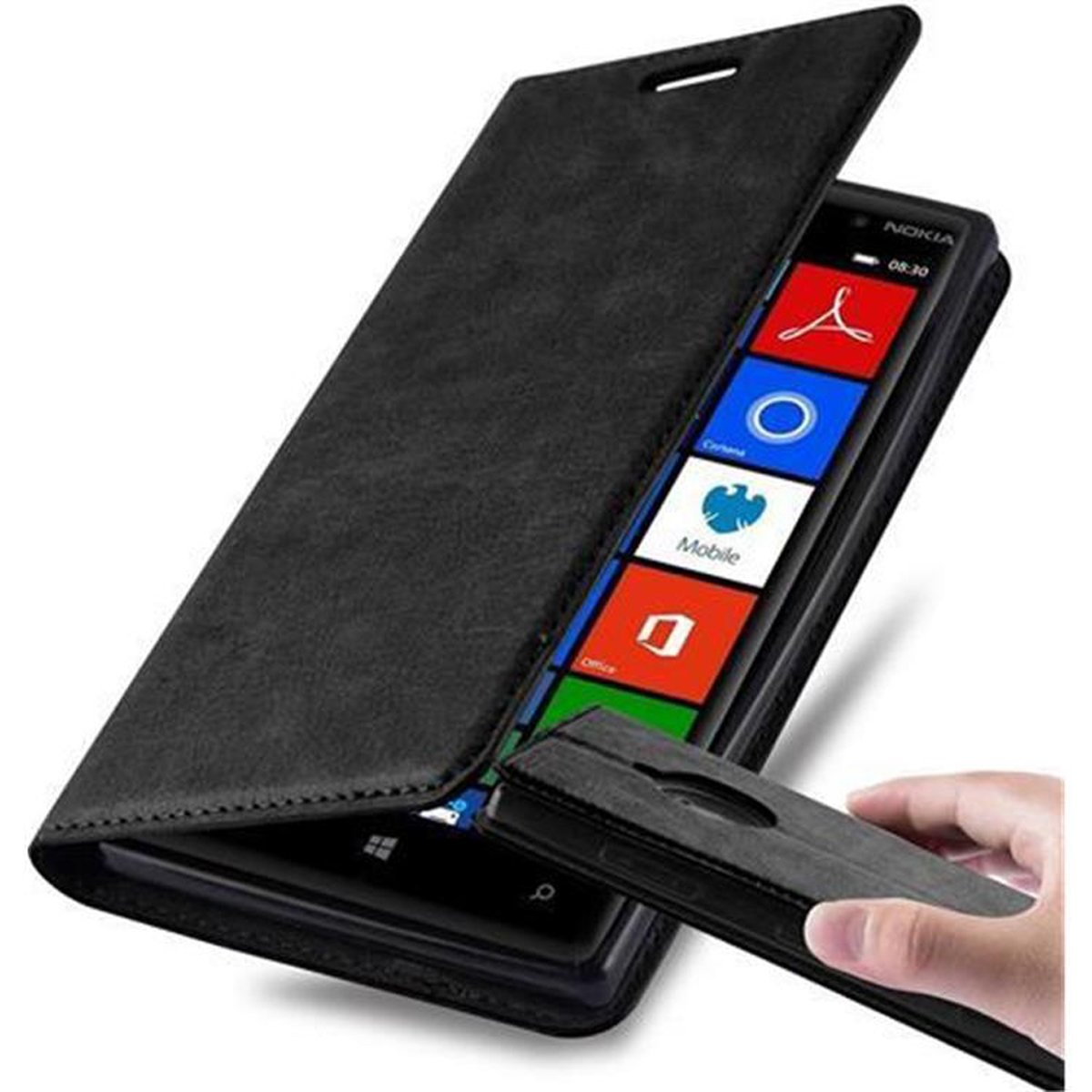 Schwarze Handyhülle, die ein Telefon auf einem Ständer hält. Der Telefonbildschirm ist sichtbar, mit Symbolen und Tasten.