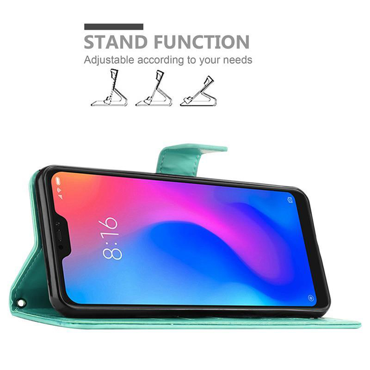 Telefono in custodia verde acqua, appoggiato. Lo schermo è acceso. Testo funzione stand.