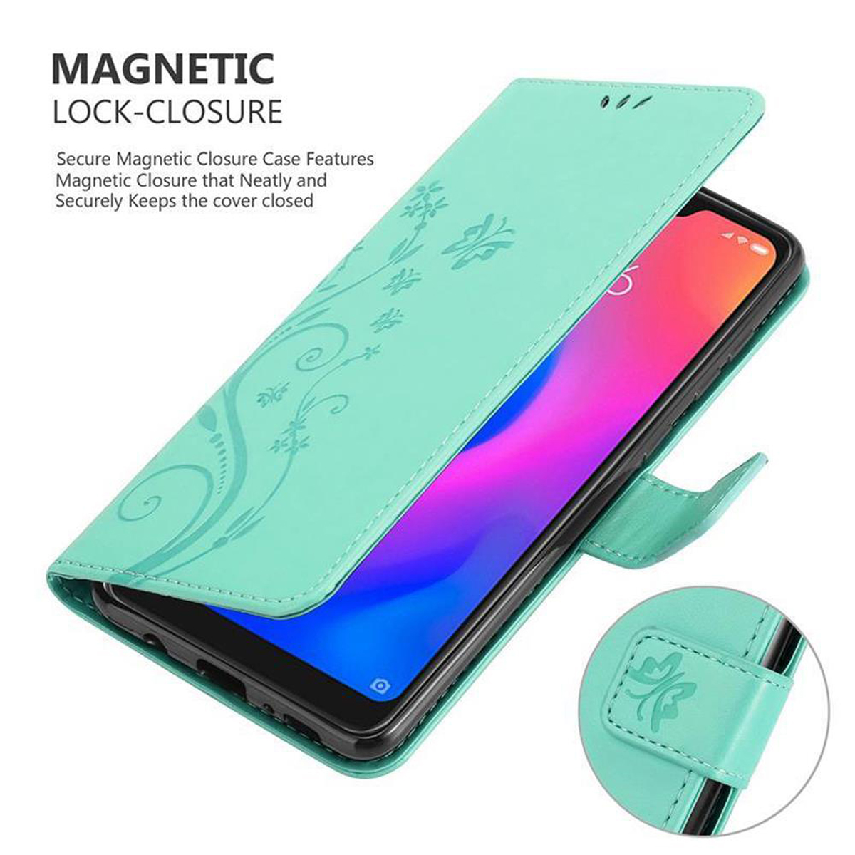 Custodia per telefono verde menta, aperta con un telefono all'interno. Il telefono mostra uno schermo rosso e arancione.