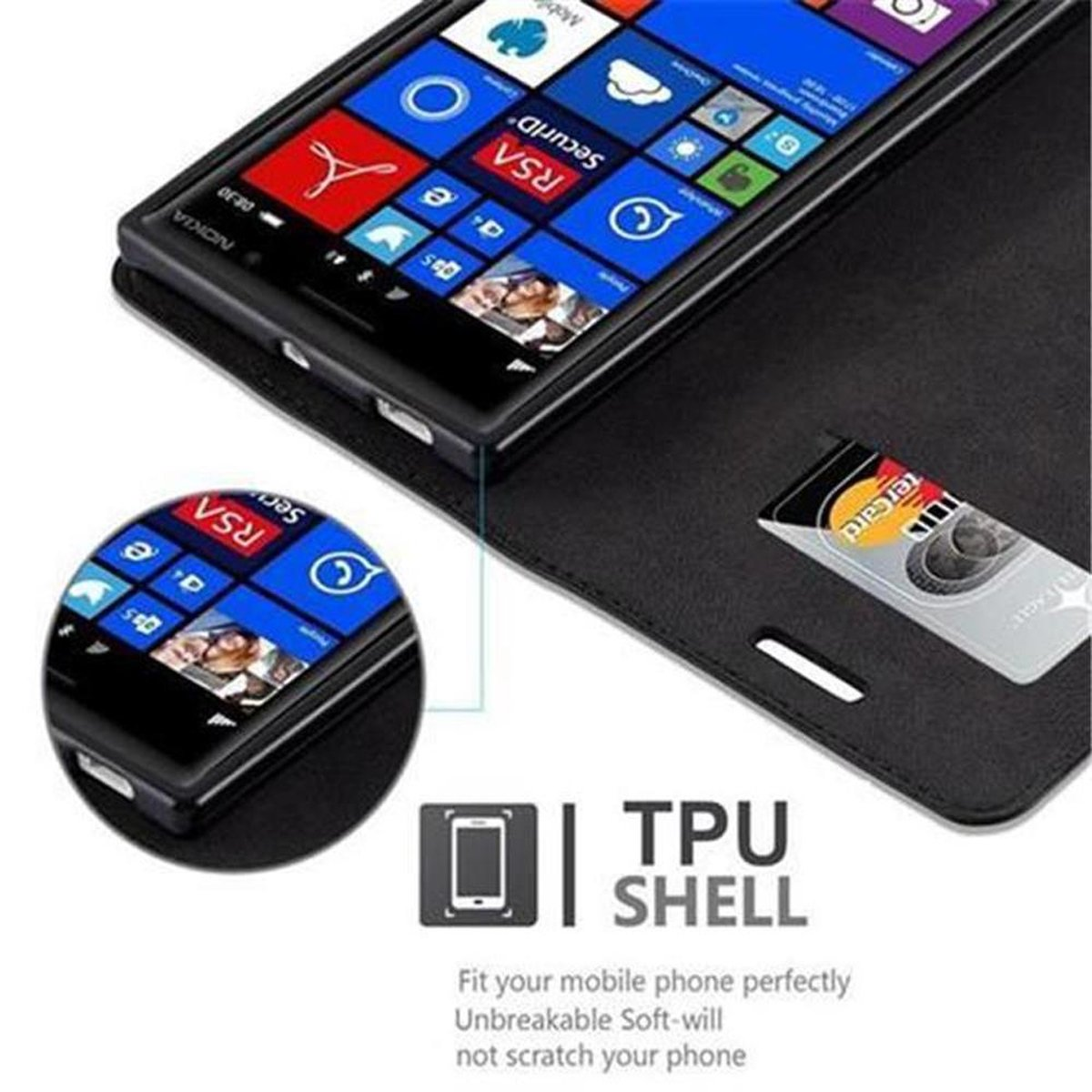 Schwarzes Telefon in einer Hülle, mit Kartenfach. Telefon zeigt App-Symbole mit 'TPU Shell'-Label.