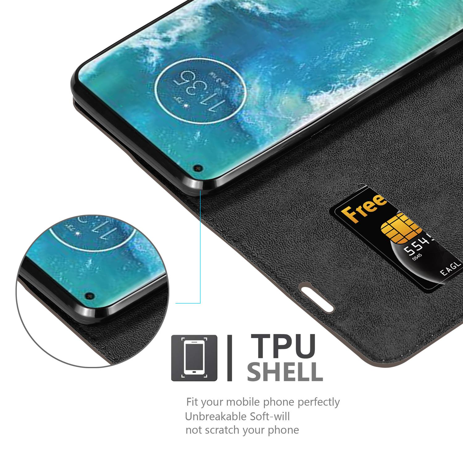 Telefono nero in una custodia con carta di credito. Lo schermo mostra l'ora. Testo: TPU SHELL. Si adatta perfettamente.