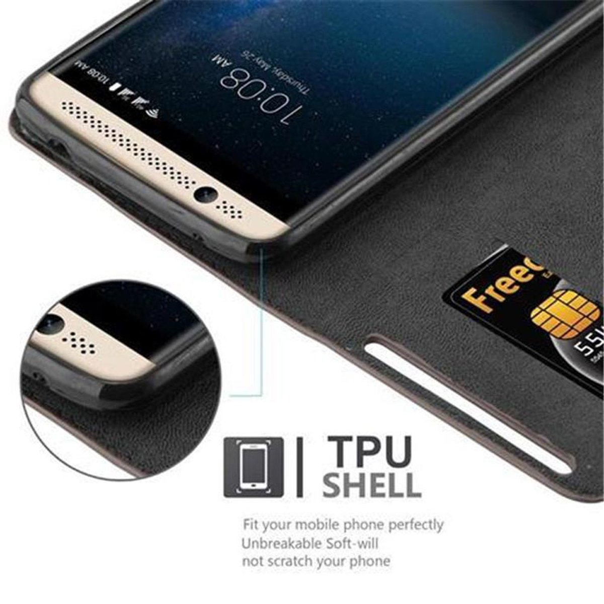 Telefono nero in custodia a portafoglio. Carta di credito visibile. Etichetta guscio TPU. Sfondo nero.