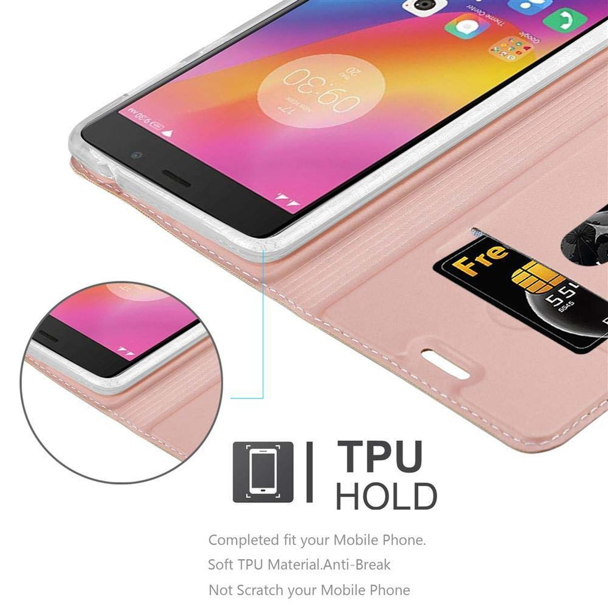 Un telefono è in una custodia rosa, che mostra l'ora sullo schermo. Una scheda SIM è in uno slot.