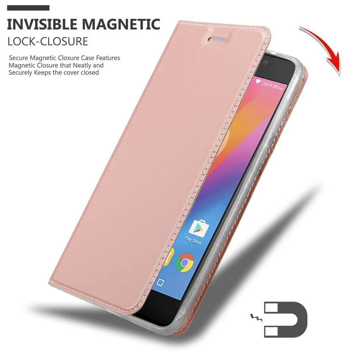 Telefono in custodia rosa, aperto. Testo: INVISIBLE MAGNETIC LOCK-CLOSURE. Il telefono mostra Play Store.