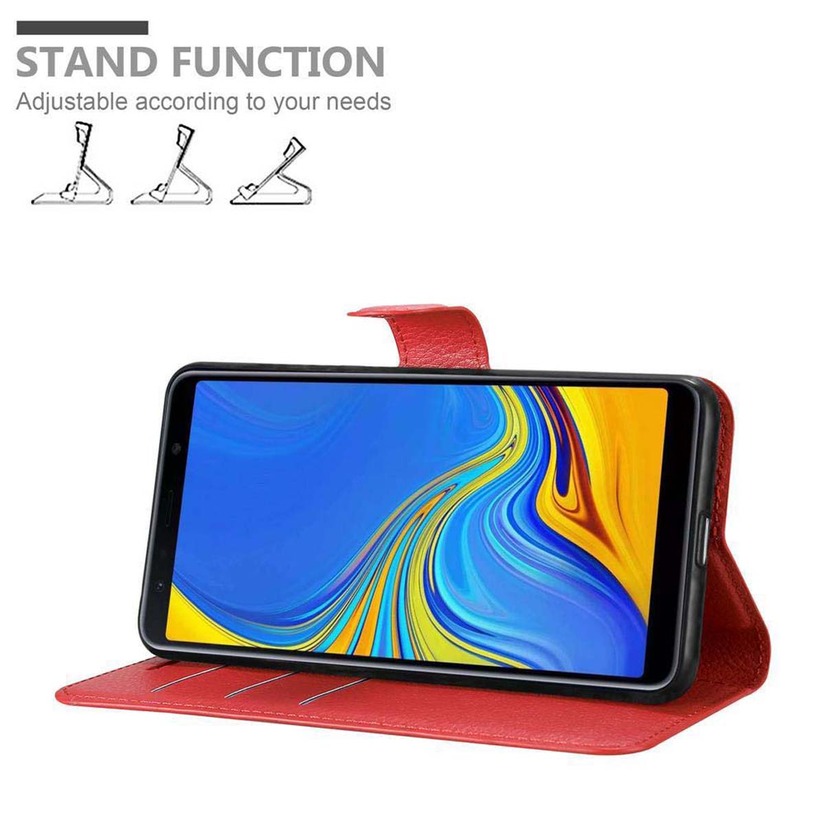 Offene rote Handyhülle mit Telefon, das einen bunten Hintergrund zeigt.