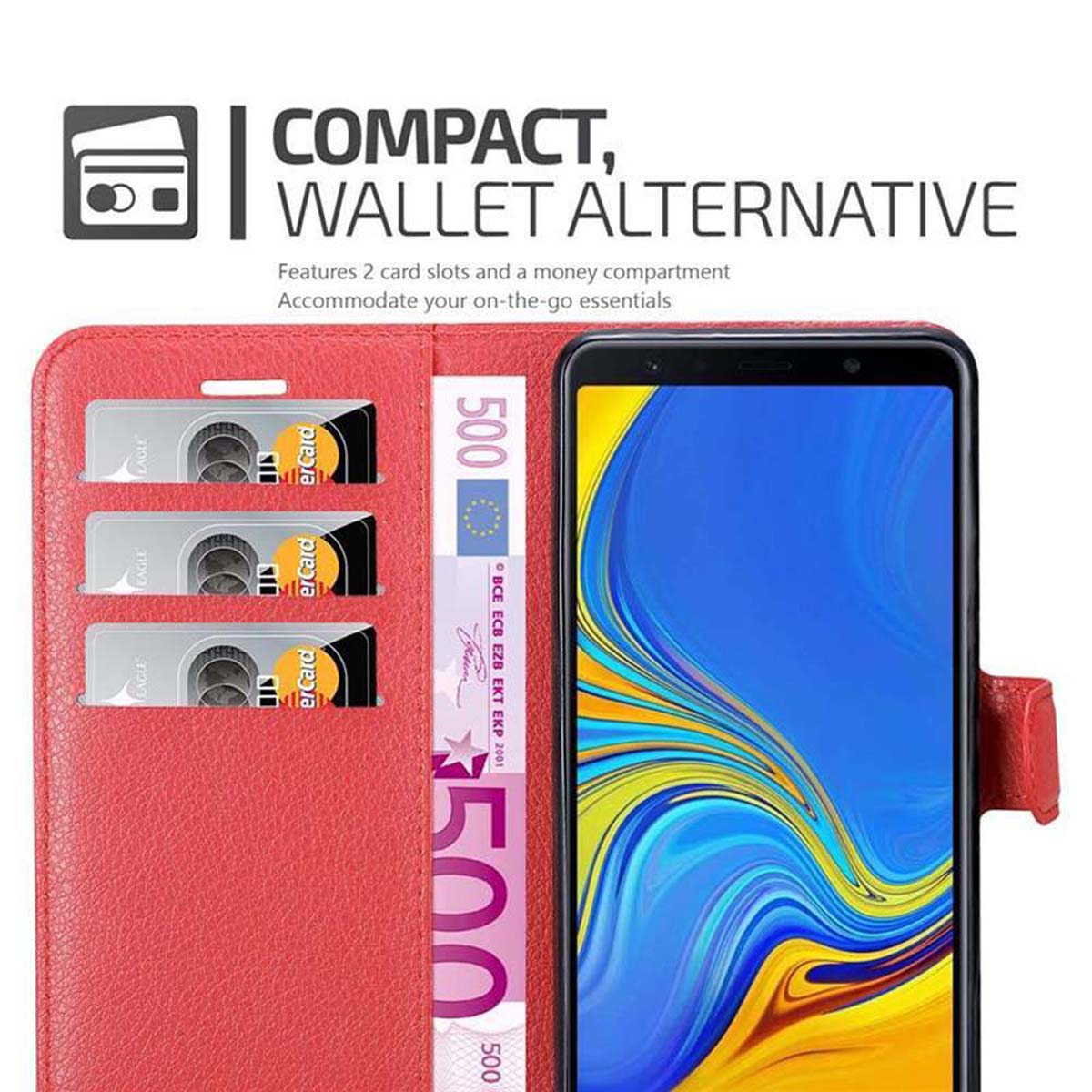 Rote Brieftasche mit Telefon, Karten und Geld. Telefon zeigt farbige Oberfläche.