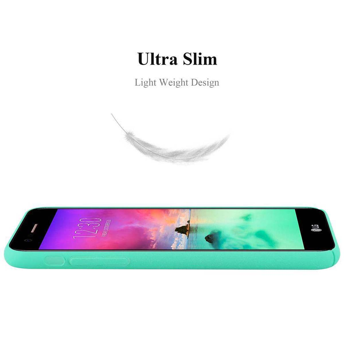 Türkisfarbene Handyhülle, schlank. Die Handyhülle befindet sich auf weißem Hintergrund. Text: Ultra Slim, Light Weight Design.