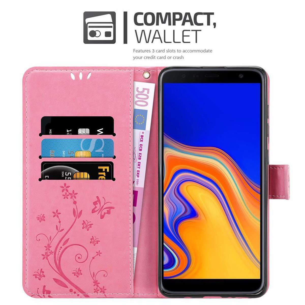 Custodia a portafoglio rosa aperta con carte, denaro e telefono. Testo 'Compact, Wallet' in alto.