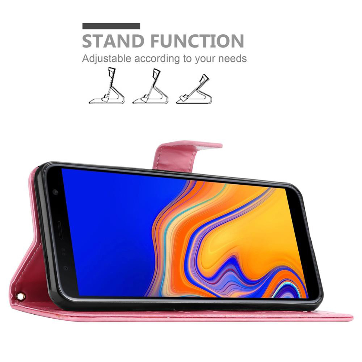 Custodia rosa in posizione stand, che tiene un telefono. Schermo mostra colori arancione e giallo.
