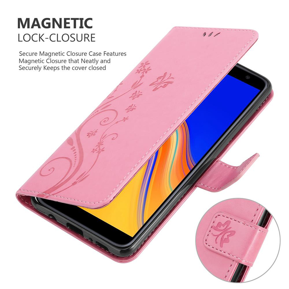Custodia rosa aperta, telefono dentro. Testo: Chiusura magnetica. Caratteristiche della custodia con chiusura magnetica.