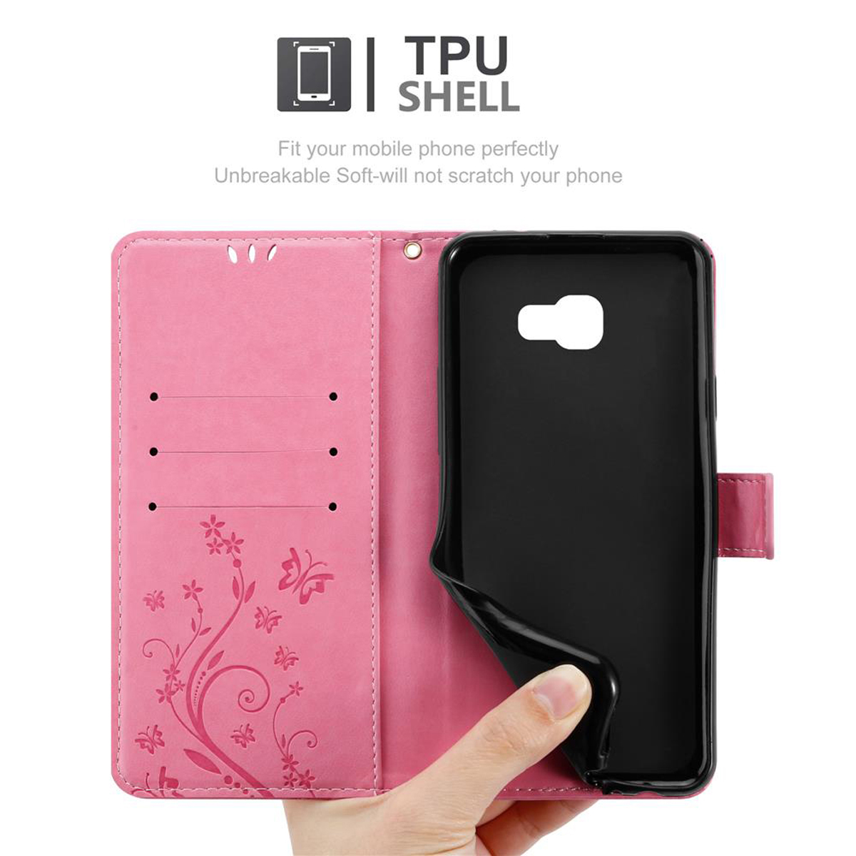 Custodia rosa per telefono aperta, che mostra il supporto per telefono e un design floreale. Mano che tiene un telefono nero.