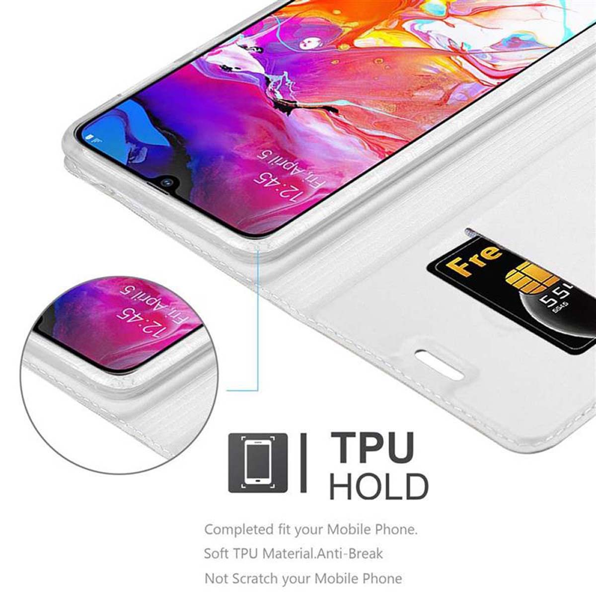 Custodia bianca per telefono con schermo che mostra l'ora. Scheda SIM visibile. Design TPU HOLD.