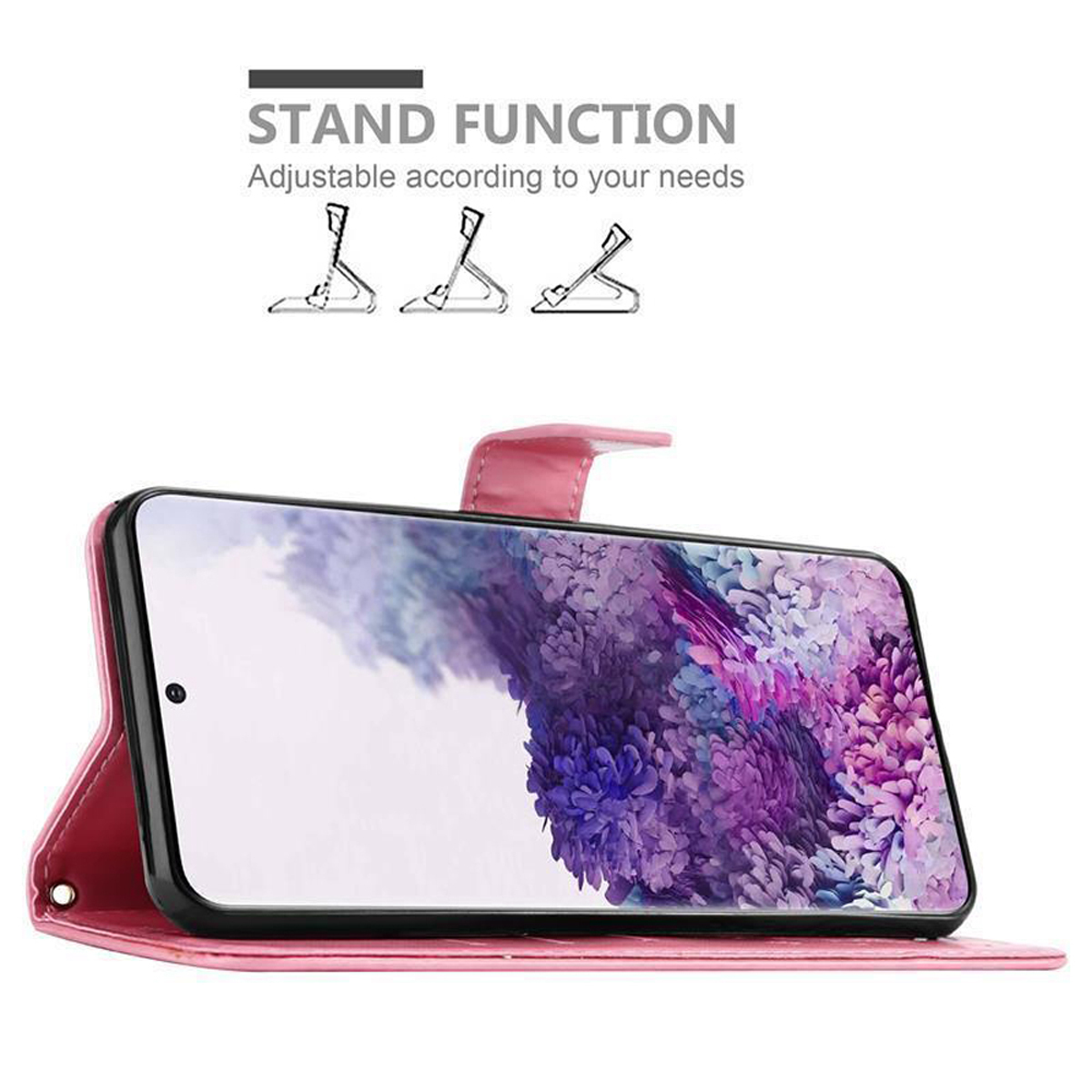 Eine rosa Handyhülle mit dem Telefon darin. Es hat eine Standfunktion mit verschiedenen Positionen.