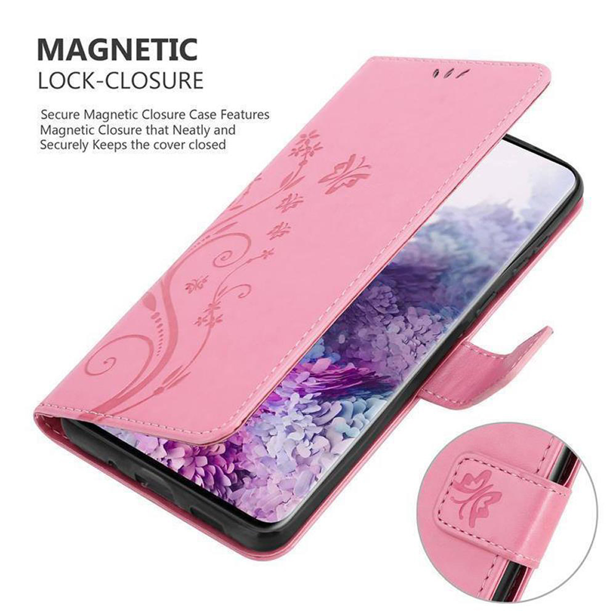 Rosa Handyhülle, geöffnet, mit einem Telefon darin. Verfügt über einen Magnetverschluss und Blumendesign.