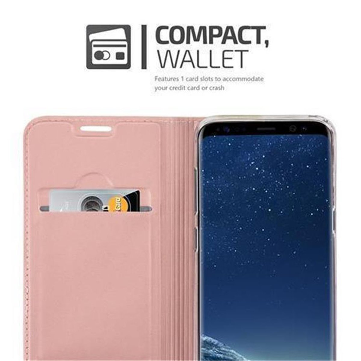 Custodia a portafoglio rosa aperta con telefono e carta di credito in uno slot.