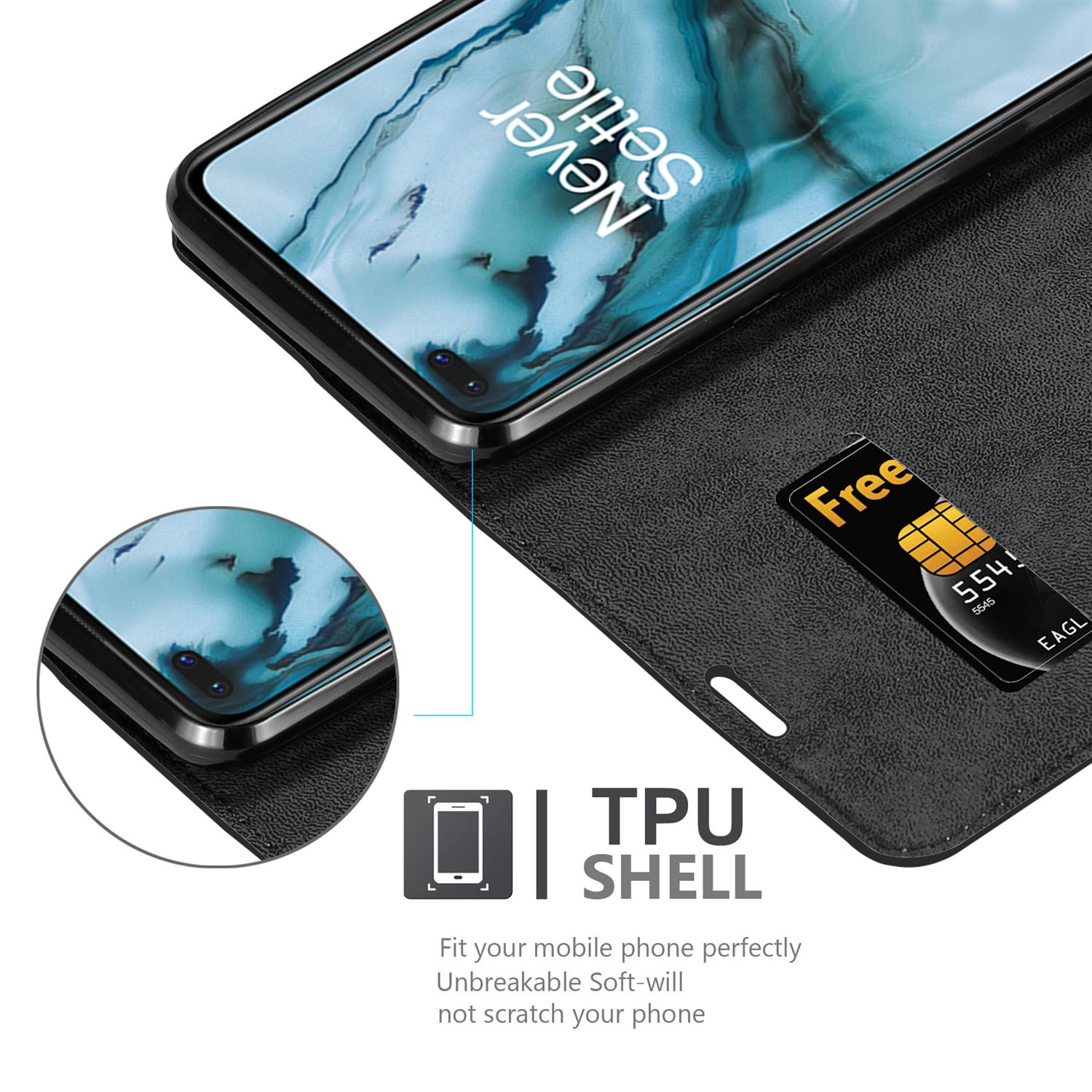 Un telefono nero in una custodia con una carta. La custodia è aperta. C'è un guscio in TPU con un telefono.