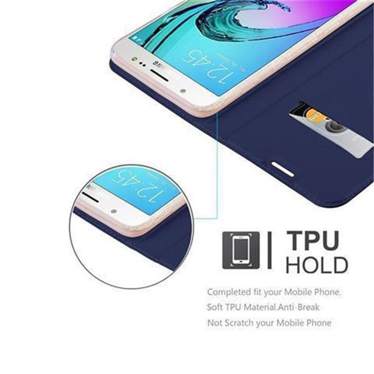 Custodia per telefono blu navy con telefono parzialmente visibile, con supporto in TPU e caratteristiche anti-rottura.
