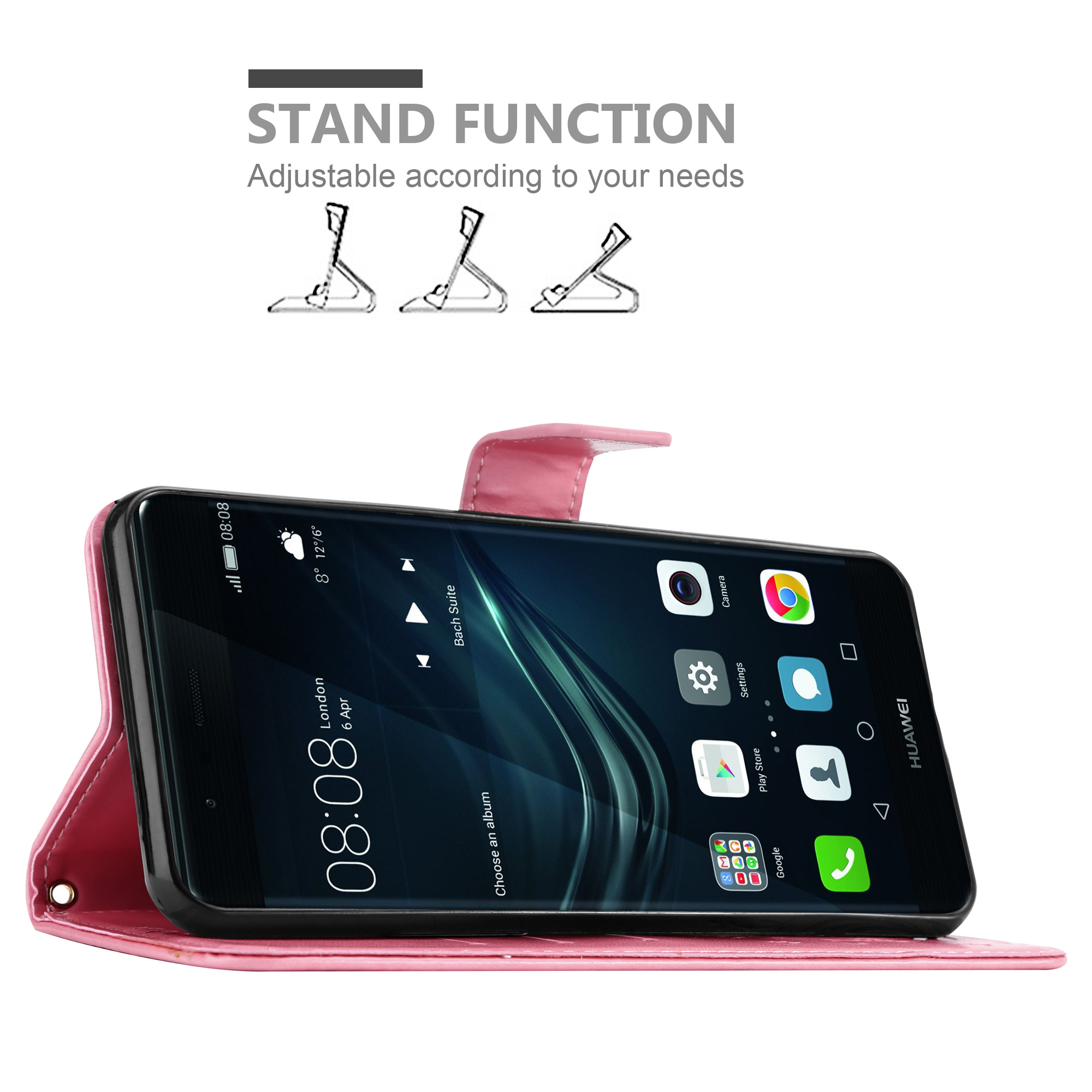 Handyhülle mit Telefon, offen, mit Standfunktion. Es zeigt einen Telefonbildschirm mit Symbolen.