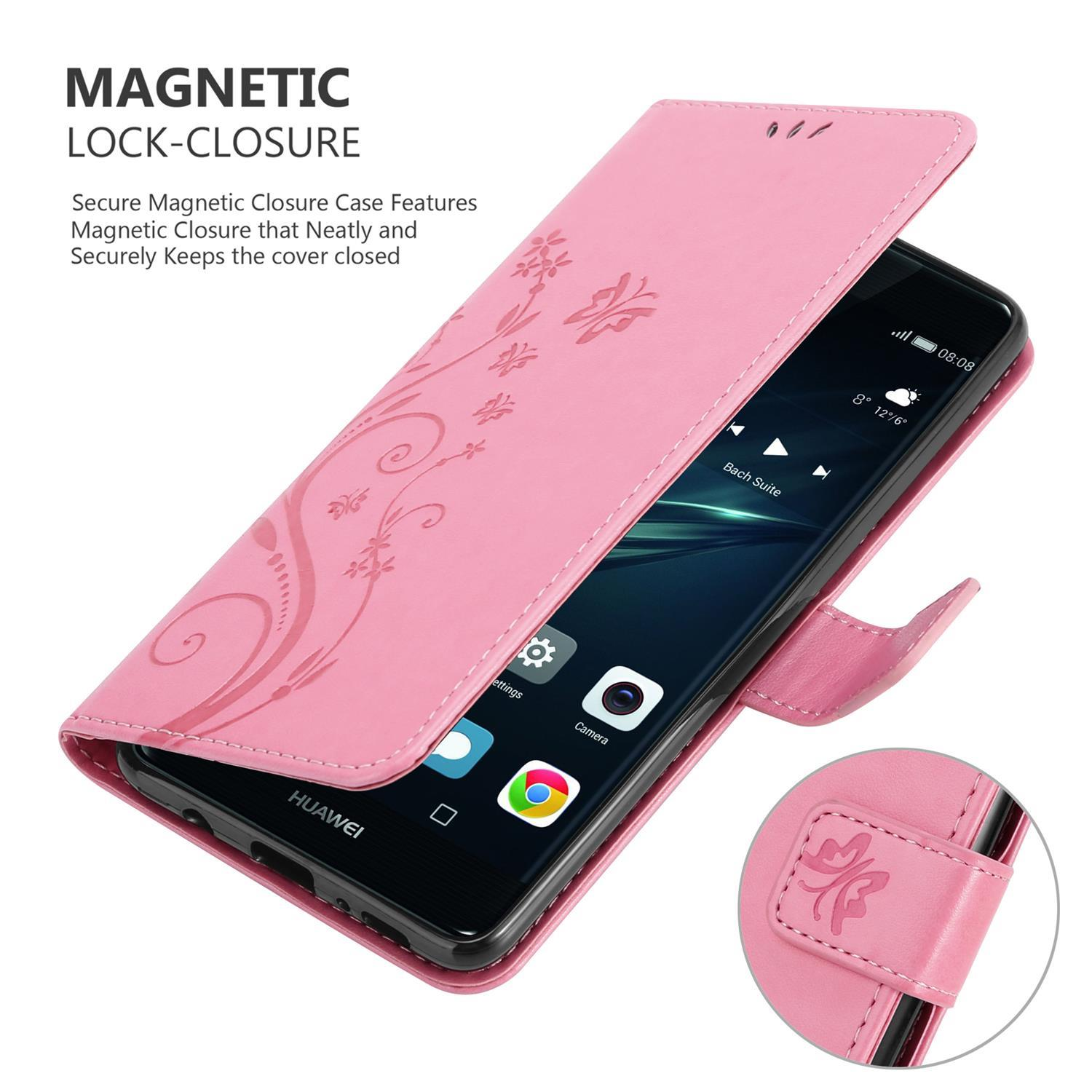 Rosa Handyhülle mit blumigem Design. Das Telefon ist im Inneren. Der Text lautet: Magnetischer Verschluss.