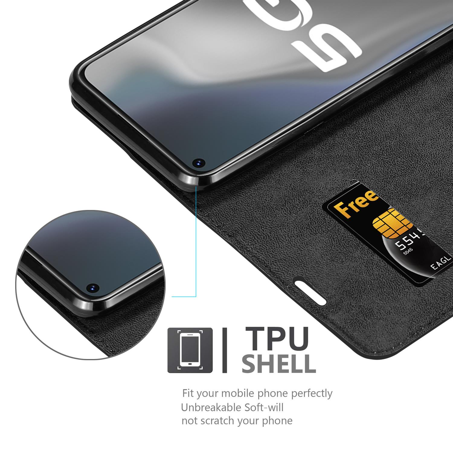 Schwarze Handyhülle offen mit Telefon und Karte. Text: TPU-Schale. Karte ist kostenlos.