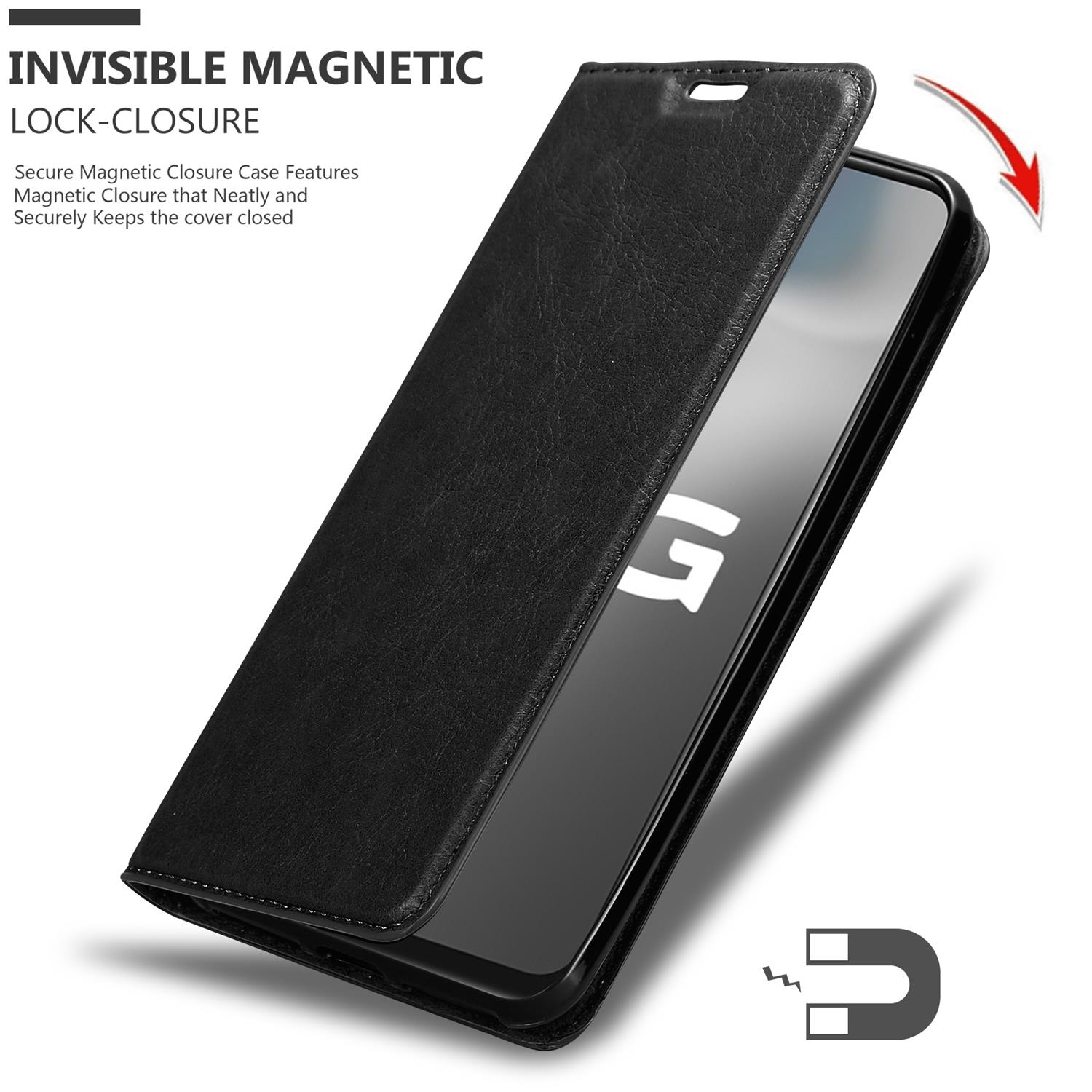 Schwarze Leder-Handyhülle offen, Telefon zeigend. Magnetverschluss-Grafik.