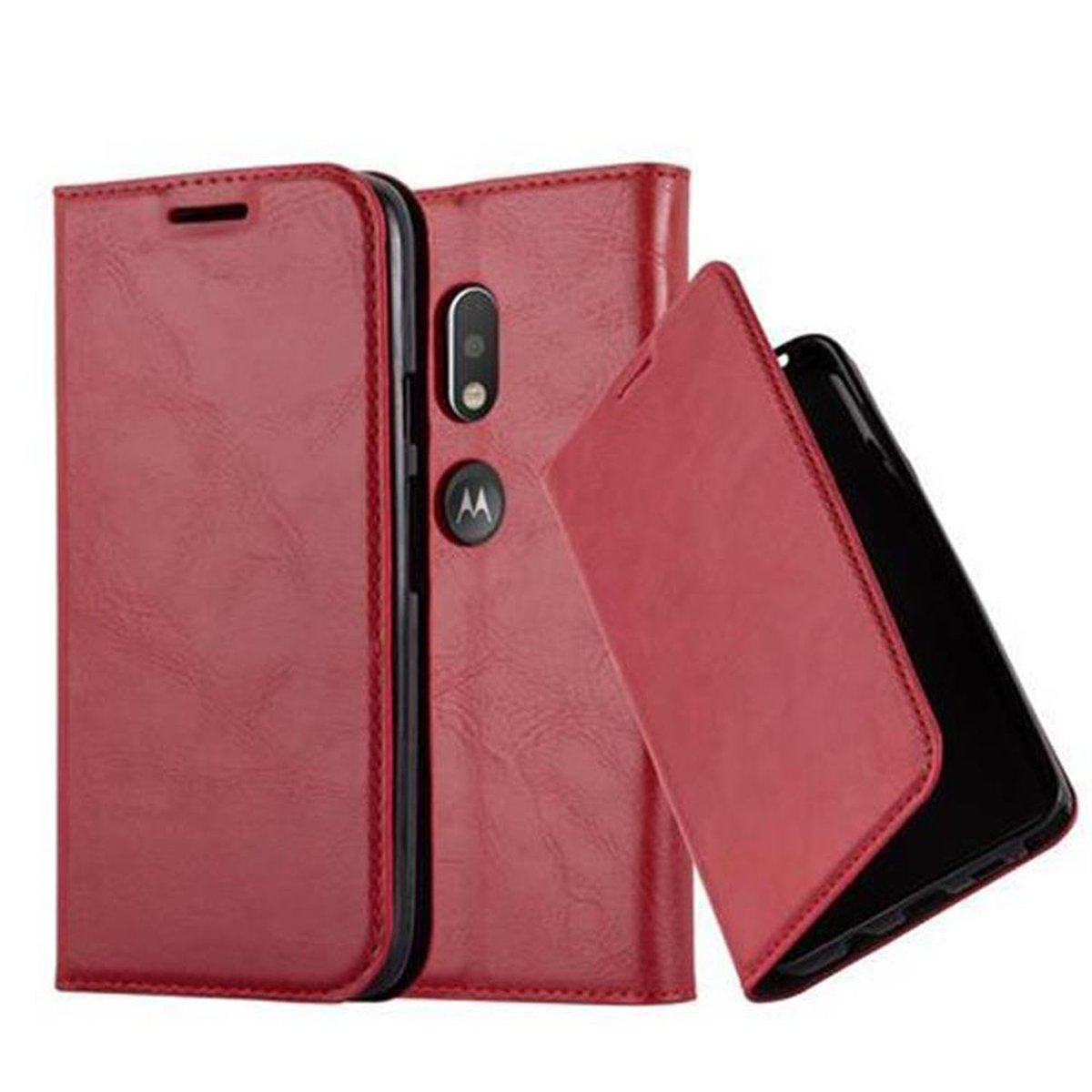 Funda roja para teléfono abierta, mostrando un teléfono. La funda es roja con bordes negros.