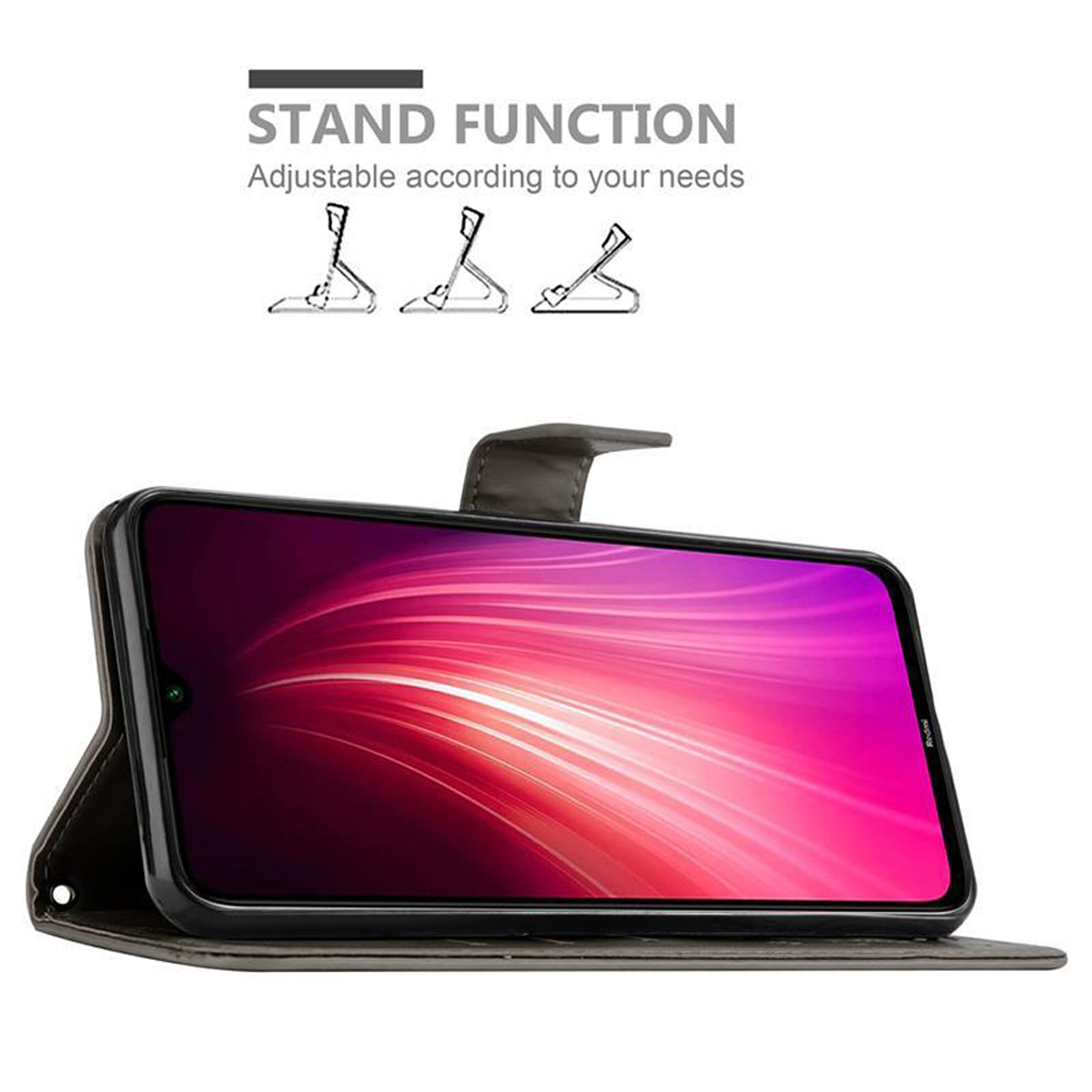 Telefono nero in una custodia grigia. Il telefono mostra un'immagine rossa e viola. Icone della funzione stand presenti.