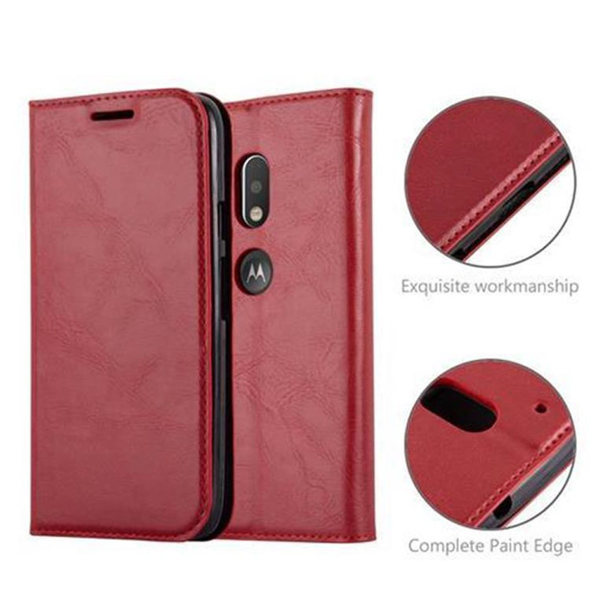 Funda de teléfono roja, abierta y cerrada, con un teléfono dentro. Los detalles de la funda se muestran en círculos.