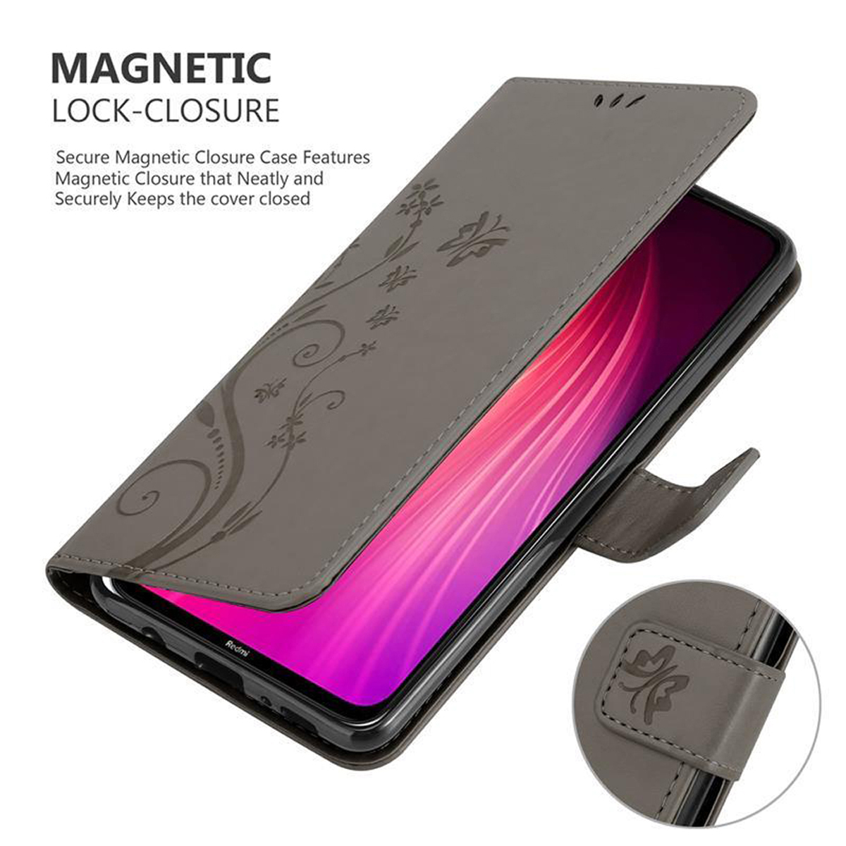 Custodia grigia con design floreale, aperta per rivelare un telefono con schermo rosa.