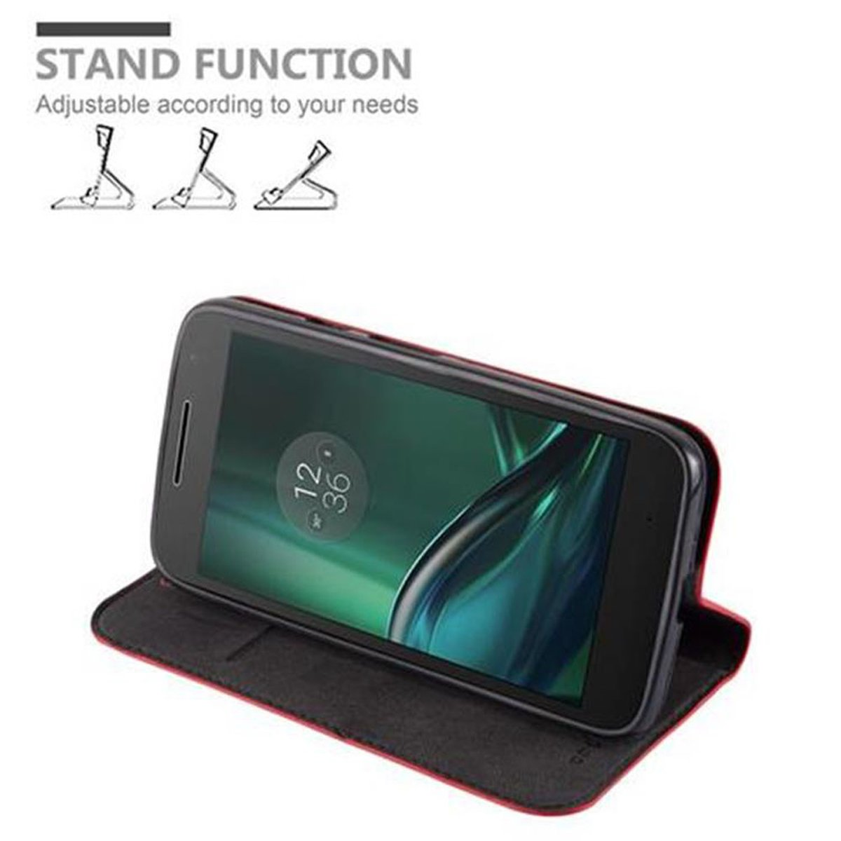 Un teléfono en una funda, de pie. Iconos de función de soporte en la parte superior. Borde rojo en la funda.