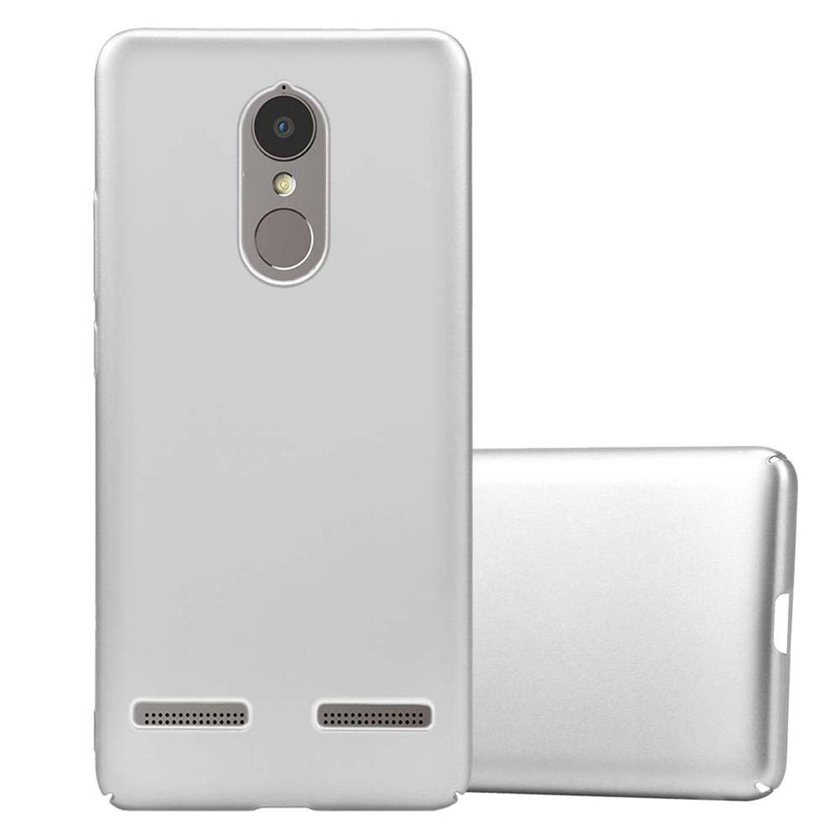 Eine silberne Handyhülle und ein Telefon auf einer weißen Oberfläche. Die Handyhülle liegt seitlich.