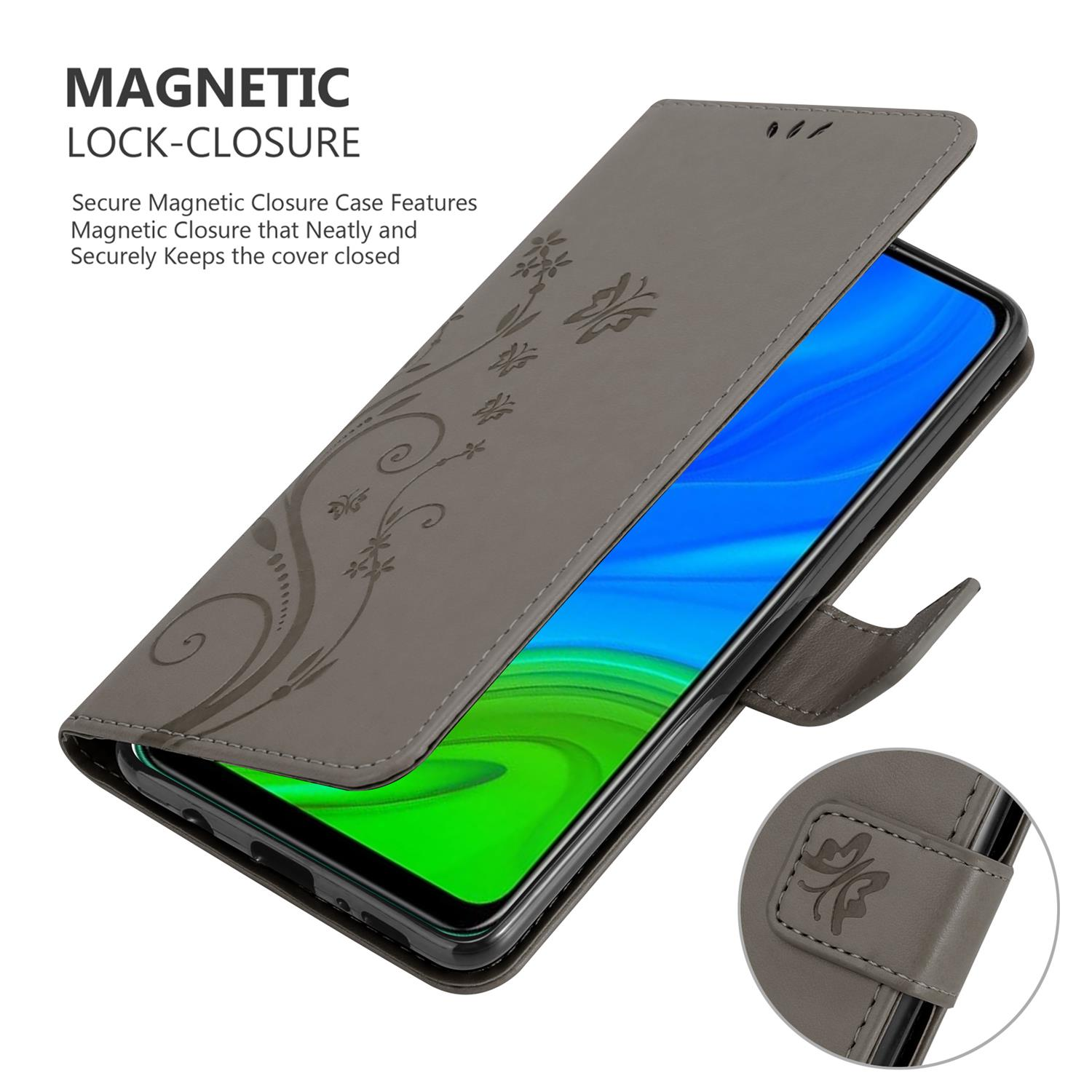 Custodia grigia con fiori, aperta, rivela il telefono. Testo: Magnetic Lock-Closure.